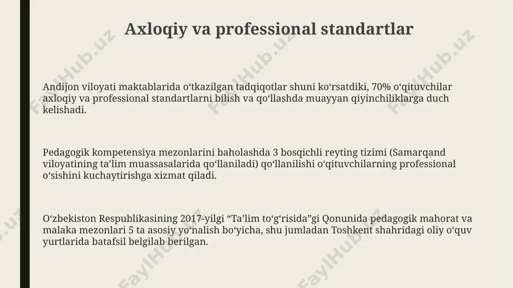 ga ishonchi 25% ga o'sishi mumkin, natijada o'qishga bo'lgan qiziqishi ortadi. o'z-o'zini baholash va rivojlantirish o'qituvchilarning o'z-o'zini rivojlantirish rejalari 70% hollarda aniq maqsadlar, 30% hollarda esa umumiy maqsadlarni o'z ichiga olganligi toshkent shahridagi tadqiqot natijalarida ko'rsatilgan. andijon viloyatida o'tkazilgan treningdan so'ng, ishtirok etgan 25 nafar o'qituvchining 80%i o'z-o'zini baholash va rivojlantirish ko'nikmalarida sezilarli yaxshilanish kuzatganligini ta'kidlashgan. o'z-o'zini baholash jarayonida kamida 5 ta o'quv ko'rsatkichi bo'yicha 1-5 ball shkalasi yordamida samarqanddagi 100 nafar o'qituvchining fikri tahlil qilingan. pedagogik mahoratning mohiyati pedagogik kompetensiya o‘qituvchining o‘quv jarayonini loyihalashtirish, o‘quv materiallarini tanlash, zamonaviy texnologiyalarni (masalan, 7 turdagi dasturlarni) qo‘llash va o‘quvchilarni individual yondashuv bilan ta’minlash kabi 8 ta asosiy ko‘nikmalarini o‘z ichiga oladi. samarali pedagogik mahorat o‘qituvchining 10 yildan ortiq tajribasi, 300 dan ortiq o‘quvchini o‘qitish va turli yoshdagi o‘quvchilar bilan ishlash qobiliyati bilan bog‘liq. bu buxoro viloyatida o‘tkazilgan amaliy tadqiqotlar natijalarida ko‘rsatilgan. pedagogik mahorat 5 ta asosiy komponentdan: rejalashtirish, ta’lim berish, baholash, muloqot …