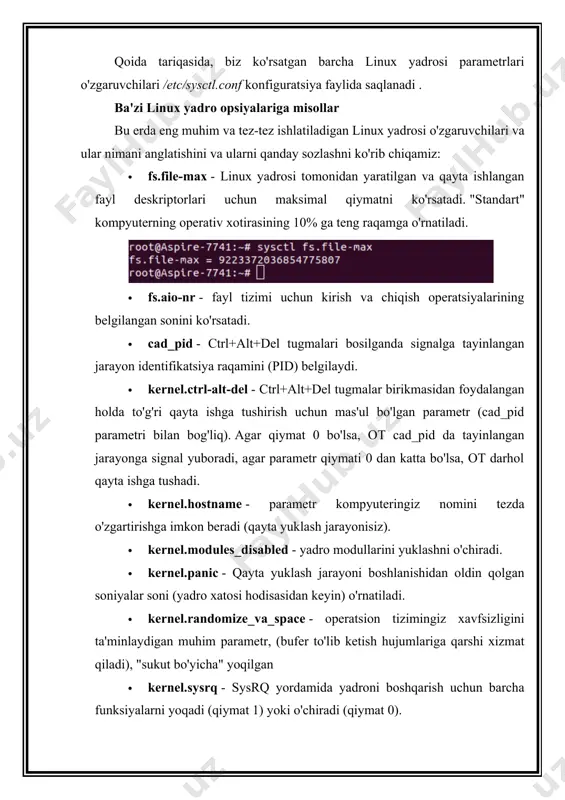 4.tcp_rmem - tcp ishlashi uchun ajratilgan xotira hajmini ko'rsatadi. · vm.laptop_mode - bu parametr noutbuklar uchun, xususan, batareya quvvatini tejash uchun foydali bo'ladi. ushbu sozlama ma'lumotlarni kompyuterning operativ xotirasida ma'lum vaqt saqlashga imkon beradi (va ularni darhol qattiq diskka yozmaydi). · vm.swappiness - bu parametr% bo'sh xotirani o'rnatish uchun ishlatiladi, bu qiymatga erishilganda ma'lumotlar avtomatik ravishda almashtirishga o'tkaziladi. ubuntu'da ushbu parametrning "standart" qiymati 60 ga teng. operatsion tizim xotiraning uzoq vaqt davomida ishlatilmagan bo'limlarini almashtirish bo'limiga o'tadi. yuqorida biz faqat ba'zi linux yadrosi konfiguratsiya o'zgaruvchilarini berdik, barcha mumkin bo'lgan parametrlarni qo'llash uchun operatsion tizimingiz uchun hujjatlarni o'rganishingizni tavsiya qilamiz. masalan, net kabi o'zgaruvchilar bilan ishlashda. operatsion tizimingiz uchun optimal tarmoq sozlamalarini o'rnatishingiz mumkin. unix-dagi sozlamalar ikki guruhga bo'lingan. birinchisi, butun mashina uchun bajariladiganlar - os sozlamalari, shuningdek, barcha foydalanuvchilar uchun sozlamalar. ular faqat administrator tomonidan amalga oshirilishi mumkin. ikkinchisi, ma'lum bir foydalanuvchining muhitiga ta'sir qiladigan va u tomonidan amalga oshiriladigan …