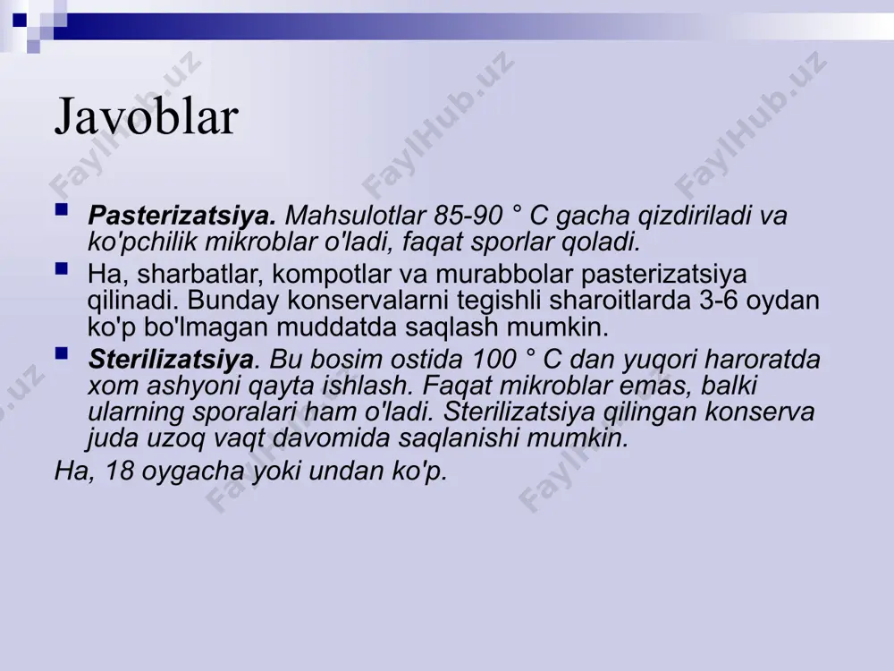ming mikroorganizmlarni o'z ichiga oladi, jumladan e. coli, salmonellalar va chirishga qarshi tayoqchalar (proteus). tuxum kukuni quruq holda saqlanishi kerak. daftaringizga javob bering 1. parranda go'shtining buzilish jarayonlarini ishlab chiqishda ularni _______ va ______________________________________________________________________________________ usullari katta ahamiyatga ega. 2. parranda tana go'shtining buzilishining birinchi belgisi ______________________________________. 3. sog'lom qushning yangi qo'yilgan tuxumida _________________mikroorganizmlar mavjud. 4. tuxumning buzilishining qo'zg'atuvchisi ko'pincha ______________________________________________________. 5. yangi baliqda eng ko'p mikroblar ______________________________________ ___________________________________________________________________________________ 6. ichaklari (yarim ichaklari) parranda go‘shtida mikroblar bilan yuqori ifloslanish kuzatiladi (to‘g‘risini tagiga chizing). 7. tegishli sharoitlarda ____________ kundan ortiq bo‘lmagan muddatda saqlangan tuxum yangi hisoblanadi. 8. muzlatilgan baliqlar yuzasida uzoq muddatli saqlash vaqtida __________ rivojlanishi mumkin. to'g'ri javoblar 1. parranda go‘shtida buzilish jarayonlarining rivojlanishida tana go‘shtini so‘yish va kesish usullari katta ahamiyatga ega. 2. parranda tana go‘shtining buzilishining birinchi belgisi begona hiddir. 3. sog'lom qushning yangi qo'yilgan tuxumida juda kam mikroorganizmlar mavjud. 4. tuxumning buzilishining qo'zg'atuvchisi ko'pincha e. coli, proteus, stafilokokklar …
