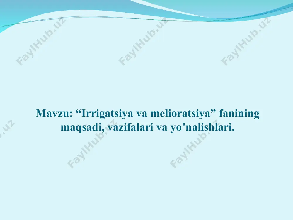 ni yaxshilash; suv va shamolning zararli mexanik taʼsirlarini bartaraf etish. melioratsiyaning asosiy vazifalari yerlarning meliorativ xolatini yaxshilash orqali oʼsimlik uchun zarur boʼlgan suv, havo, issiqlik, yorugʼlik va oziqlanish rejimini taʼminlash va boshqarish- melioratsiyaning asosiy vazifasidir yerlar melioratsiyasi – tuproq unumdorligini saqlash va oshirish, ekinlar hosildorligini va dexqonchilikning barqarorligini oshirish hamda iqlim oʼzgarishlarining qishloq xoʼjaligi ishlab chiqarishiga salbiy taʼsirini yumshatishga xizmat qiladi. sugʼorish melioratsiyasi sugʼorish melioratsiyasi- tuproq unumdorligini oshirish, qishloq xoʼjaligi ekinlaridan yuqori va barqaror hosil olish uchun tuproqda namlik yetishmaydigan xududlarda kerakli suv va u bilan bogʼliq ozuqa, issiqlik va boshqa rejimlarni taʼminlash va boshqarishdir. zax qochirish melioratsiyasi zax qochirish melioratsiyasi - ortiqcha namiqqan yerlarda tuproqning kerakli suv, xavo, ozuqa rejimlarni taʼminlash uchun ortiqcha suvlarni maydondan olib chiqish tadbirlaridir. chuchuklashtirish melioratsiyasi chuchuklashtirish melioratsiyasi - ekinlardan yuqori hosil olish uchun tuproqdagi ortiqcha tuzlarni chiqarib tashlab, kerakli suv, tuz, ozuqa va issiqlik rejimini taʼminlash va boshqarishdir. eroziyaga qarshi melioratsiya eroziyaga qarshi melioratsiya …