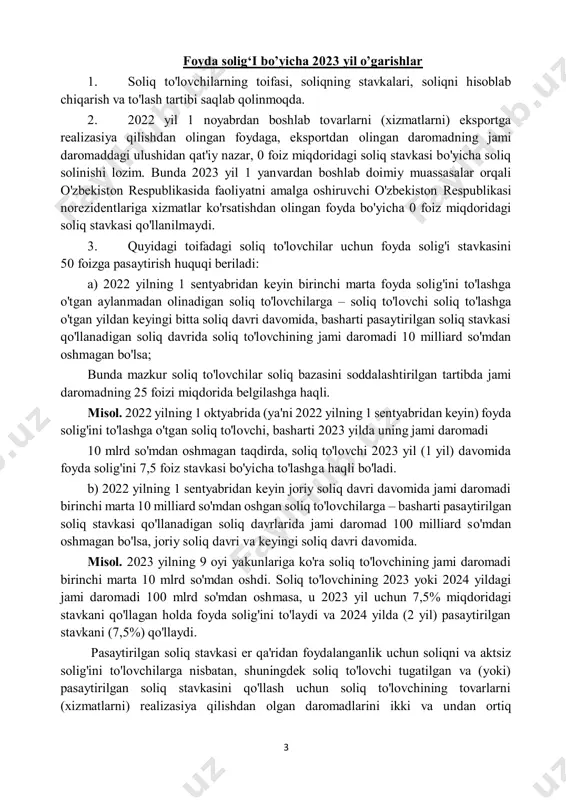 y nazar, 0 foiz miqdoridagi soliq stavkasi bo'yicha soliq solinishi lozim. bunda 2023 yil 1 yanvardan boshlab doimiy muassasalar orqali o'zbekiston respublikasida faoliyatni amalga oshiruvchi o'zbekiston respublikasi norezidentlariga xizmatlar ko'rsatishdan olingan foyda bo'yicha 0 foiz miqdoridagi soliq stavkasi qo'llanilmaydi. 3. quyidagi toifadagi soliq to'lovchilar uchun foyda solig'i stavkasini 50 foizga pasaytirish huquqi beriladi: a) 2022 yilning 1 sentyabridan keyin birinchi marta foyda solig'ini to'lashga o'tgan aylanmadan olinadigan soliq to'lovchilarga – soliq to'lovchi soliq to'lashga o'tgan yildan keyingi bitta soliq davri davomida, basharti pasaytirilgan soliq stavkasi qo'llanadigan soliq davrida soliq to'lovchining jami daromadi 10 milliard so'mdan oshmagan bo'lsa; bunda mazkur soliq to'lovchilar soliq bazasini soddalashtirilgan tartibda jami daromadning 25 foizi miqdorida belgilashga haqli. misol. 2022 yilning 1 oktyabrida (ya'ni 2022 yilning 1 sentyabridan keyin) foyda solig'ini to'lashga o'tgan soliq to'lovchi, basharti 2023 yilda uning jami daromadi 10 mlrd so'mdan oshmagan taqdirda, soliq to'lovchi 2023 yil (1 yil) davomida foyda solig'ini 7,5 …