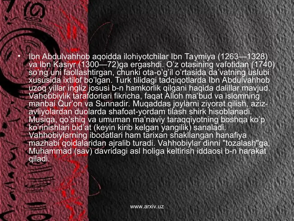 ch, bu yerga kelishi kutilgan podshoh xolidni bandilikka olish, oralarida bo’lgan "mahdiy" rahbarligida umumxalq qo’zg’olonini ko’tarish, dastlab saudiya arabistoni, so’ng boshqa mamlakatlarda ham "haqiqiy" islom g’alabasiga erishish rejalashtirilgan edi. saudiya hukumati fransuz jandarmeriyasining mutaxassislari yordamida ikki haftadan ortiq muddatda bu harakatni bostirdi. rasmiy ma’lumotlarga ko’ra, vahhobiylardan 117 kishi o’ldirildi va 143 kishi hibsga olindi, ayni vaqtda hukumat kuchlaridan 127 kishi halok bo’ldi va 451 kishi yaralandi. www.arxiv.uz www.arxiv.uz vahhobiylarning chet ellarda ko‘plab tashkilotlari bo‘lib, ular faol harakat olib boradilar. ularning ko‘pchiligi yashirin siyosiy faoliyat olib boradi. ish uslublari - diniy hissiyotlari kuchli bo‘lgan fuqarolarni jamiyatlariga tortib, ularni qayta tarbiyalash, so‘ng ulardan tashviqot va ijtimoiy tartibbuzarlik, ekstremistik harakatlarda foydalanish. bu ishlarga, ayniqsa, yoshlarni, bolalarni, hayot tarzidan norozi bo‘lgan shaxslarni jalb qiladilar. xayriya fondlari orqali mayib-majruhlarga, etim-esirlarga yordam, diniy ta’lim berish, turli diniy adabiyotlarni tarqatish kabi yo‘llar bilan keng targ‘ibot ishlarini olib boradilar. kishilarga fanatizm, murosasizlik, o‘zgalar fikrlari va manfaatlariga hurmatsizlik ruhini …