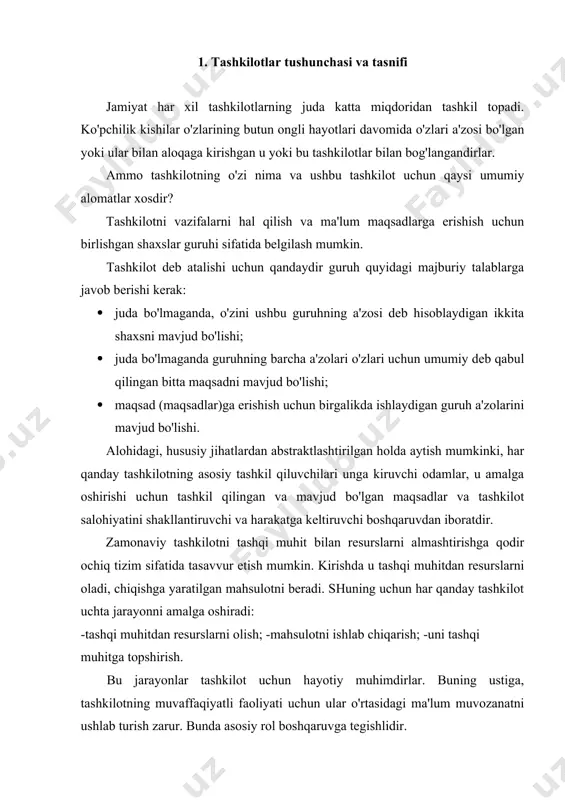 i faoliyati uchun ular o'rtasidagi ma'lum muvozanatni ushlab turish zarur. bunda asosiy rol boshqaruvga tegishlidir. tashkilotni boshqarish asosan u amalga oshirishga qaratilgan belgilanish bilan belgilanadi. ichki tashkiliy hayotda boshqaruv tashkilot resurslarini u o'z maqsadlariga erishishi uchun shakllantiruvchi va harakatga keltiruvchi muvofiqlashtiruvchi boshlanish rolini o'ynaydi. boshqaruv tashkilotning ichki muhitini va hammadan avval uning tuzilishini shakllantiradi va, kerak bo'lganda, uni o'zgartiradi. boshqaruv tashkilotda o'tayotgan vazifaviy jarayonlarga rahbarlikni amalga oshiradi. gap shundaki, har qanday tashkilotning fao liyati ko'p sonli har xil jarayonlar va jarayonchalardan tashkil topadi. bunda jarayonlar va jarayonchalarning har bir guruhiga rahbarlikni umuman tashkilotni boshqarish bo'yicha ishning alohida turi sifatida ko'rib chiqish mumkin. bu ishning nisbatan mustaqil uchastkalari bo'lib, ular boshqaruvdagi mehnat taqsimotida ob'yektiv xarakterga ega bo'lgan jarayon sifatida ajralib turadilar. xx asr menejmenti sohasidagi yirik mutaxassislardan biri ch.bernardning fikriga ko'ra, odamlarni tashkilotlarga birlashish va ular doirasida o'zaro hamkorlik qilishga har bir kishiga alohida holda xos bo'lgan jismoniy va biologik cheklanishlar …