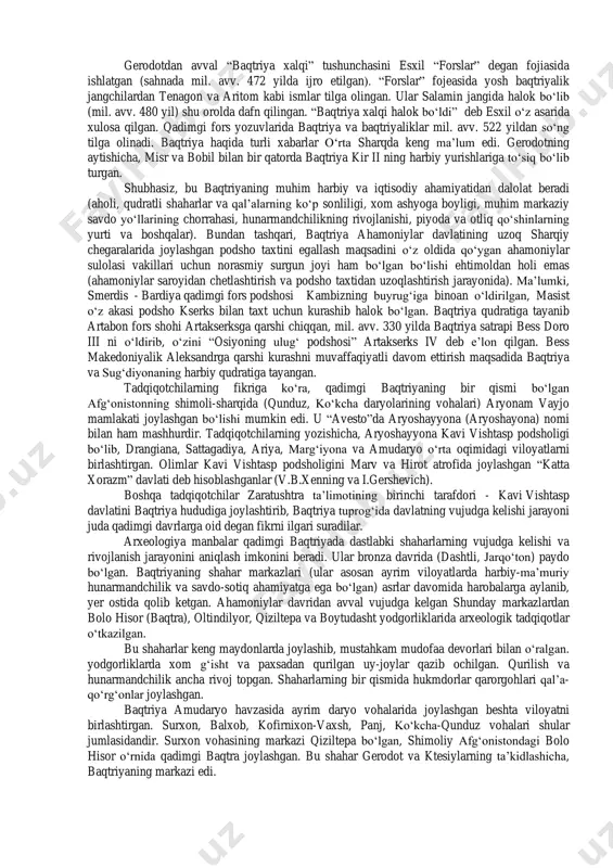 hilik bilan mashg‘ul bo‘lgan davrga to‘g‘ri keladi. siyosiy qarama-qarshiliklar avj olib turgan bu jarayonlarda qurollangan suvoriylar, jangchilarning mavqei baland bo‘lgan. bu bosqichning tarixi va harbiy yo‘lboshchilarning siyosiy kurashlari “avesto”da tasvirlangan. mil. avv. 700-540 yillar qadimgi baqtriya davlatining rivojlangan davri bo‘lib, uning hududiy chegaralari: hindukush tizmasi, badaxshon va hisor tizmasiga borib taqalgan (daryo vohalari - balxob, qunduz, panj, vaxsh, kofirnihon, surxon). baqtriya davlati o‘rta osiyoda rivojlangan dastlabki davlatlar ichida eng yirigi bo‘lgan. yozma manbalarning dalolat berishicha, marg‘iyona qadimgi baqtriya davlatining tarkibiga kirgan. bundan yozma manbalar dalolat beradi. podsho doro i ning marg‘iyonadagi qo‘zg‘olonni tor-mor qilishi haqida behistun yozuvlaridagi quyidagi xulosa mavjud: “mana nimalarni men baqtriyada qildim”. doro iii davrida baqtriya va sug‘diyona birlashtirilgan ma’muriy-hududiy o‘lka bo‘lib, unda bess ismli satrap hokimlik qilgan. marg‘iyona va baqtriya aholisining urf-odatlari hamda madaniyati umumiy ildizlar va an’analarga ega bo‘lib rivoj topgan. videvdat kitobida baqtriya «eng yaxshi mamlakatlar va o‘lkalardan biri baland bayroqli, “go‘zal o‘lka” sifatida …