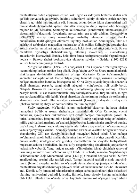 , ilk sufiylar (al-hakim at-termiziy) madaniy hayot tarixida chuqur iz qoldirdilar. bunga javoban islom dunyosining markaziy hududlaridan tradistionalistlar (an’anachilar, ahl al-hadis) ta’limotlari kirib kela boshladi. islom ta’limotini keyingi davrda paydo bo’lgan yangiliklardan (bid’at) tozalash bu oqimning asosiy shiori bo’lib qoldi. bu tanqidiy ruh muhaddislarga siyosiy sohada ham ancha muvaffaqiyatlar keltirdi. hadislarni yig’ish, tartibga solish va faqat ishonchlilarini to’plamlarga jamlash borasida mislsiz ishlar qilindi. imom al-buxoriy, imom at-termiziy, imom ad-dorimiy, ‘abd ibn humayd al-kashshiy, kulayb ibn al-haysam ash-shoshiylar hadis to’plamlari bilan islom tarixi zarvaraqalariga o’z ismlarini yozdilar. natijada muhaddislarning ijtimoiy-siyosiy mavqei movarounnahrda, jumladan poytaxt buxoroda, beqiyos o’sdi. bu esa o’z navbatida markaziy shaharlarda shu paytgacha kuchli mavqega ega bo’lib kelgan hanafiylar va yangi guruh – ahl al-hadis o’rtasidagi ziddiyatni kuchaytirdi. murji’iylar va hanafiylarning diniy qarashlaridagi bevosita aloqadorlik bir necha tadqiqotlarda o’z isbotini topgan (y. van ess, v. madelung, u. rudolf). darhaqiqat, o’z vaqtida abu hanifaning (767 y.) arab bo’lmagan musulmonlarning ham …