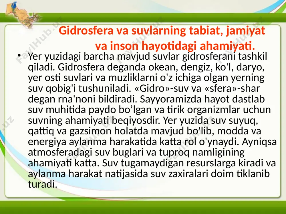 aryo, kol va dengiz suvlarida barcha malum radioaktiv moddalarning mavjudligi. tarkibida uran, radiy va radon bulgan suvlar amaliy ahamiyatga ega. bu moddalar suvga atmosferadan va tuproq hamda tog jinslaridan yuvilib kelib qoshiladi. tog jinslari tarkibida radioaktiv elementlar (uran, toriy, radiy va b.) bulgan minerallar, shuningdek, izotoplari radioaktiv kimyoviy elementlar (prometiy, poloniy va b.) bor. suvda tabiiy radioaktiv izotoplar bilan birga yadro portlashi natijasida vujudga keladigan suniy izotoplar ham mavjud. tabiiy radioaktiv moddalar miqdori kelib chikishiga qarab kop darajada farq kiladi. suniy radioaktiv moddalar suv havzalariga atmosfera yoginlari va yadro yoqilgisi ishlab chiqarish. korxonalaridan chiquvchi oqova suvlar sifatida kelib kushiladi. radioaktivli suvlardan uran konlarini izlab topishda, seysmologiyada (suvda rn konsentratsiyasining uzgarishi yer qimirlashidan darak beradi), balneologiyada — asab kasalliklari, yurakqon tomir sistemasi, nafas organlari, bugim va b. kasalliklarni davolashda foydalaniladi. ozbekistonda radonli mineral suvlarning katta koni samarqand viloyatida "nagornoye" temir yol stansiyasi yaqinida topilgan. image2.jpeg image3.jpeg image4.jpeg image5.jpeg image6.jpeg image7.emf image8.jpeg …