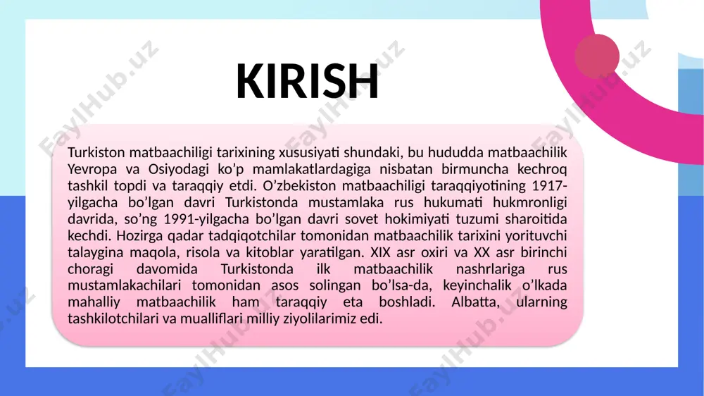 haxslar. ulardan ko’pchiligi o’lkaga daromad topish maqsadida kelgan shaxslar edi. ikkinchi guruhga kiruvchi noshirlar (g’. h. orifjonov, o. abdalov, m. behbudiy, a. avloniy, ibrat, sh. shoahmedov kabi ma’rifatparvarlar) esa o’lka xalqlariga tarixiy-ma’naviy madaniyatni qaytarish, yetuk allomalarimizning asarlarini aholi orasida keng yoyish, xix asr ikkinchi yarmidan ochila boshlangan yangi usul maktablari uchun darsliklar va qo’llanmalar chop etish bilan shug’ullangan jadid namoyondalari sanaladi. shuning uchun ham o’lka xalqlarining ijtimoiyiqtisodiy, madaniy hayotida matbaa-noshirchilikning tutgan o’rni va ahamiyatini yoritish, bu soha tarixining yurtimizdagi taraqqiyotining o’ziga xos tomonlarini o’rganish, bizningcha, muhim hisoblanadi. xix asrning 2-yarmida rossiyaning chekka oʻlkalarida, jumladan, turkistonda ham noshirlik ishi yuzaga kela boshladi. turkistonda kitob nashr etish bilan dastlab podsho rossiyasi statistika qoʻmitalari shugʻullandi. bu qoʻmitalar turkiston oʻlkasiga oid turli maʼlumotlarni, keyinchalik turkistonshunos rus olimlarining ilmiy ishlarini nashr qildirgan. 1868-yildan 1910-yilgacha turkistonda nashr etilgan kitoblarning asosiy qismini ruscha kitoblar tashkil etgan. turkistonda kitoblar nashr etishda toshkentdagi o. a. porsev, v. m. ilin, …