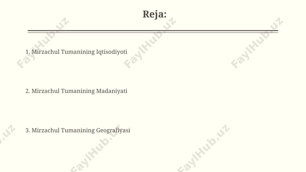 mirzachul tumanining kelajagi 2030-yilga borib, 15% ga yaqin yillik iqtisodiy o'sishni, asosan qishloq xo'jaligi va turizm sohalarida prognoz qilmoqda. mirzachul tumanining iqtisodiyoti mirzachul tumanida paxtachilik va bog‘dorchilik sohalarining yalpi hududiy mahsulotga qo‘shgan hissasi 60% dan ortiqni tashkil etadi, bu esa iqtisodiyotning asosiy tarkibiy qismlaridan biri ekanligini ko'rsatadi. tuman iqtisodiyotining rivojlanishiga 20 dan ortiq kichik va o‘rta biznes korxonalari, asosan qishloq xo‘jaligi va xizmat ko‘rsatish sohalarida faoliyat yuritayotgan, sezilarli hissa qo'shmoqda. mirzachul tumanining tarixi mirzachul tumani 1926-yilda tashkil topgan bo'lib, dastlab uning tarkibiga 12 ta qishloq xo'jaligi kooperativlari va 3 ta qishloq kiradi. mirzachul tumanida qishloq xo'jaligining asosiy tarmoqlari paxtachilik, bog'dorchilik va dehqonchilik hisoblanadi, ular yillik yalpi mahsulotning 70% dan ortig'ini tashkil qiladi. e'tiboringiz uchun rahmat @taqdimot_robot image2.jpg image3.jpg image4.jpg image5.jpg image6.jpg image7.jpg image8.jpg