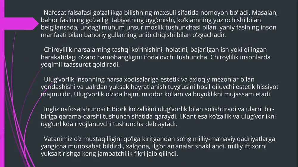 in etganlar. bundan tashqari, ko‘rib o‘tganimizdek, san’at estetikaning asosiy tadqiqot ob’ektlaridan hisoblanadi. har bir san’at asarida esa axloqning dolzarb muammolari ko‘tariladi va ijodkor eng yuksak axloqiy darajani badiiy qiyofalar orqali in’ikos ettiradi. bu in’ikos bevosita ijobiy qahramonlar qiyofasida amalga oshsa, bilvosita salbiy voqea–hodisalarga muallif nuqtai nazari orqali ro‘y berishi mumkin. ya’ni, biror–bir badiiy asarda ijobiy qahramonlar umuman bo‘lmaydi, lekin undagi voqea–hodisalarga ijodkor o‘z zamonasi erishgan axloqiy yuksaklikdan turib baho beradi. shu bois axloqsiz badiiy asarning bo‘lishi mutlaqo mumkin emas. demak, estetika o‘rganayotgan har bir badiiy asar ma’lum ma’noda axloqshunoslik nuqtai nazaridan ham tadqiq etilayotgan bo‘ladi. biroq, bunday yaqinlik, yuqorida aytganimizdek, aslo aynanlikni anglatmaydi. bu ikkala fanning tadqiqot ob’ektlari orasidagi farqni birinchi bo‘lib buyuk arastu nazariy jihatdan isbotlab bergan edi u, ezgulik faqat harakatda, go‘zallik esa harakatsiz ham namoyon bo‘ladi, degan fikrni bildiradi. darhaqiqat, axloqiylik faqat insonning xatti-harakati, qilmishi orqali yuzaga keladi; odam toki harakatsiz ekan, biz uning na yaxshiligini, na …