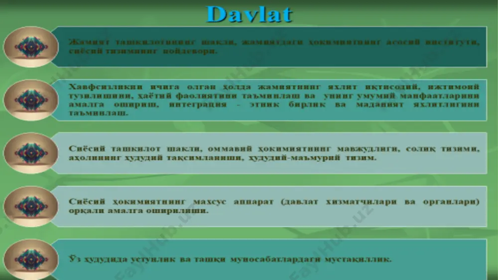 триана деб тилга олинган 2. марказий осиё ҳудудидаги дастлабки давлат уюшмалари: қадимги хоразм, қадимги бақтрия (мил авв. vii – vi асрлар). сўғдиёна давлати:  ҳудуди – ҳозирги қашқадарё, бухоро, шош, фарғона вилояти.  аҳолиси – сўғдийлар, шошлилар, фарғоналилар, саклар.  хўжалиги – деҳқончилик, чорвачилик, ҳунармандчилик.  тили – шарқий эрон лаҳжаси, қадимги туркий тил лаҳжаси.  алоқалари – ғарбда хитой, шимолда хоразм, жанубда бақтрия.  шаҳарлари – мароқанда, афросиёб,ерқўрғон, узунқир ва б.  пойтахти – мароқанда. бу давлат “авесто”да – сўғда, “беҳистун ёзувлари”да – суғуда, юнон-рим манбаларида – согдияна (арриан, страбон, ктеси, курций руф) деб тилга олинган 2. марказий осиё ҳудудидаги дастлабки давлат уюшмалари: қадимги хоразм, қадимги бақтрия (мил авв. vii – vi асрлар). мазкур давлатлар мил. ав. 6-4 асрларда эрон аҳмонийлари истибдоди остида қолган.  аҳмонийлар ўрта осиё ҳудудларига 3 та катта юришлар қилган.  биринчиси кир ii даврида (мил. ав.559-545 й.й.) бошланиб, парфия, марғиёна, бақтрия босиб олинган.  …