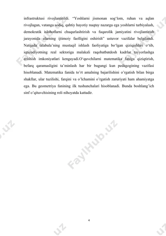 nda boshlang’ich sinf o’qituvchisining roli nihoyatda kattadir. i.bob.boshlang’ich sinflarda geometrik materialni o’qitishning nazariy asoslari. 1.1.geometrik materialni o’qitishning maqsad va vazifalari. geometrik materialni o'qitishning asosiy maqsadi va vazifalari matematika darslarida matematik geometriya bo'yicha talabalar uchun qo'llanma va ko'nikmalar berishdir. bu darslar orqali, talabalar geometrik shakllarni va ulardan kelib chiqadigan muammolarini tushunish, tahlil qilish va hal qilishni o'rganishlari maqsad qilinadi. quyidagi vazifalarga e'tibor beriladi:geometrik material, talabalarga geometrik shakllarni tushunish va aniqlashni o'rganish imkonini beradi. ular qo'llanmada to'g'ri burchaklar, to'g'ri to'rtburchaklar, uchburchaklar, doiralar, kvadratlar, paralelogramlar va boshqalar kabi shakllarni o'rganishadi.geometrik material, talabalarga berilgan muammoni tahlil qilish va uning yechimini topishni o'rganishga yordam beradi. masalan, talabalar tomonlari bilan berilgan to'rtburchakning yuzini hisoblash, to'g'ri burchaklar orasidagi munosabatlarni topish, to'g'ri to'rtburchakning perimetri va yuzini hisoblash kabi muammolarni tahlil qilishni o'rganishadi.geometrik material, talabalarga muammolarni hal qilishning har xil usullarini o'rganishda yordam beradi. ular muammoni tahlil qilish, shaklning ma'lum bir xususiyatini aniqlash, geometrik formula va qoidalar bilan ishlash …