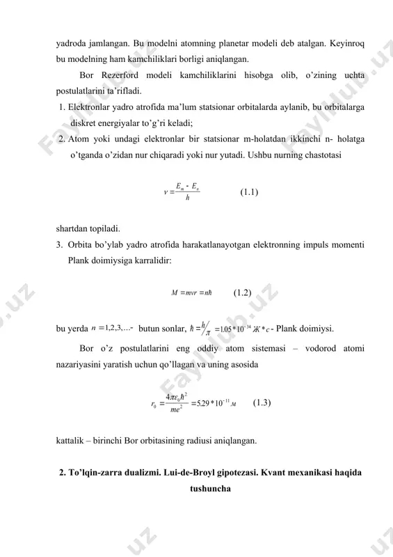 zlik bilan harakatlansa, uning to’lqin uzunligi (2.2) bilan aniqlanadi. mikrozarralar dunyosining o’ziga xos xususiyatlaridan biri – diskret energetik sathlarning mavjudligidir. buni faqat kvant mexanikasi tushuntirib bera oladi. demak, mikrozarralar dunyosini va ularning harakatlarini faqatgina kvant fizikasi asosida tushuntirish mumkin ekan. kvant mexanikasi esa kvant fizikasining matematik apparatidiar. diskret holatlarning mavjudligini kvant mexanikasining asosiy tenglamasi – shredinger tenglamasini yechib hosil qilish mumkin. shredinger tenglamasining yechimi bo’lgan (psi) - to’lqin funksiya yordamida mikrozarralarning harakati haqida ma’lumotlarni olish mumkin. u mikrodunyodagi zarralarning holat funksiyasi hisoblanib, zarralarning kvant holatlari bo’yicha taqsimotini aks ettiradi. 3. eletron spini. atom sistemasini xarakterlovchi kvant sonlari. pauli prinsipi yadro atrofida orbita bo’ylab aylanayotgan elektron impuls momentiga ega bo’lib, u orbital moment ( ) deb yuritiladi. uning modulini (3.1) orqali topiladi. buerdagi l kattalik orbital kvant soni bo’lib, u ( n – bosh kvant soni ) qiymatlarni qabul qiladi. elektron orbital momentini z o’qidagi proeksiyasi uchun (3.2) o’rinli bo’ladi. bu …