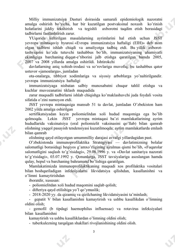 maqsadli kasalliklar va immunizatsiya dasturi jsst yevropa mintaqasiga mansub davlatlarda boshqariluvchi infeksiyalarga nisbatan epidemiologik nazoratni hamda tegishli tadbirlarni o’tkazish vakolatiga ega bo’lgan yevropa kasalliklarga qarshi kurashish va ularning oldini olish markazi (esdc) bilan ham mustahkam aloqalarni yo’lga qo’ygan. rejali emlash bilan qamrab olishning o’rtacha darajasi umuman olganda yuqoriligiga qaramasdan, ayrim boshqariluvchi infeksiyalar bilan kasallanish holatlari jsst yevropa mintaqasidagi ayrim davlatlarning, jumladan o’zbekiston respublikasining turli mintaqalarida turlicha chastotada kuzatilmoqda va past darajada barqaror saqlanib qolmoqda. taassufki, emlash bilan qamrab olishning yuqoriligi va past darajadagi kasallanish aholining muayyan guruhlari va hattoki ayrim mutaxassislar o’rtasida vaksinatsiyaga nisbatan qiziqishning so’nishiga hamda uning zarurligi va dolzarbligi shubha ostiga olinishiga sabab bo’lmoqda. buning ustiga, ayrim shaxslar vaksinoprofilaktikaning ahamiyatini qat’iy tarzda inkor etishadiki, bu holat qator o’ta yuqumli va og’ir kasalliklarga qarshi muayyan miqdordagi bolalar kontingentlarining himoyalanmasdan qolishlariga olib kelishi mumkin. bunga qo’shimcha ravishda vaksinalarning nisbatan xavfsizligiga shubha bilan qarash ham aholining ayrim guruhlarini o’z farzandlarini emlatish …