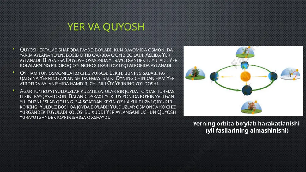 sh boshlanadi. butun olam tortishish kuchi nima? bugungi kunda, hatto yosh bolalar ham oyning yer atrofida ay- lanishini, yerning quyosh atrofida aylanishini, quyosh va boshqa yulduzlar esa somon yo'li galaktikasida joylashganini bilishadi. bir necha asr muqaddam esa bizga ma'lum bo'lgan bu narsalar odam- larning xayoliga ham kelmagan edi. lekin, yuqoriga uloqtirilgan tosh yerga tushishini hamma bilar edi. qanday kuch toshni yerga tortadi, yulduzlar va sayyoralarning «har tomonga ketishiga yo'l qo'ymaydi? bu savolga ingliz olimi isaak nyuton javob berdi. bir afsonaga ko'ra nyuton boshiga olma uzilib tushganda buyuk kashfiyotini qil- gan ekan. aslida esa voqea boshqacharoq bo'lgan. bir kuni nyuton bog'da aylanib yurganda olma uzilib tushganiga e'tibor beradi. u paytda olim oyni orbitada ushlab turgan, uning koinotga uchib keti- shiga yoki yerga qulab tushishiga yo'l qo'ymayotgan kuchlarni aniqlashga urinayotgan edi. olmaning tushishi nyutonda fikr tug'dirdi: ehtmol olmaga ham, oyga ham tortish kuchi yoki gravitatsiya (lotincha <<gravitas» <<og'irlik») ta'sir qilar. olim tushundiki, …