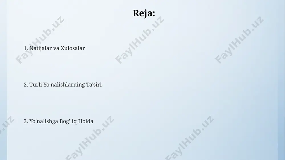 a 70% hollarda individual farqlarni keltirib chiqaradi. fikrlash yo'nalishi individualist madaniyatlarda, masalan, aqshda, ko'proq muammoga o'ziga xos yondashuvlarni, 5-7 ta variantni taklif qilishga moyil bo'ladi, aksincha, kollektivist madaniyatlarda, masalan, yaponiyada esa, guruh konsensusini ustuvor deb biladi. 20-30 yosh oralig'idagi yoshlar fikrlash yo'nalishida texnologiya ta'siriga 80% ko'proq moyil bo'lib, internet manbalaridan ma'lumot olishni afzal ko'rishadi, bu esa ularning fikrlash uslublarini tezlashtiradi va global miqyosda o'zgarishlarga olib keladi. texnologik yo'nalish texnologiya yo'nalishi dunyo bo'ylab 2023 yilda 5 trillion dollarlik bozor hajmini egallab, aqsh va xitoy kabi mamlakatlarda eng yuqori sur'atlarda rivojlanmoqda. o'zbekistonda texnologiya yo'nalishiga 500 dan ortiq startaplar jalb qilingan investitsiyalar hisobiga 20% ga o'sdi, toshkent shahri esa bu sohada etakchi hisoblanadi. sun'iy intellekt, katta ma'lumotlar tahlili va bulut texnologiyalari kabi sohalar kelgusi 10 yilda 30% dan ortiq o'sishni ko'rsatishi kutilmoqda, bu esa global raqobatni kuchaytiradi. siyosiy yo'nalish o'zbekistonda 20 dan ortiq siyosiy partiyalar mavjud bo'lsa-da, ularning 2 tasi – o'zlidep va …