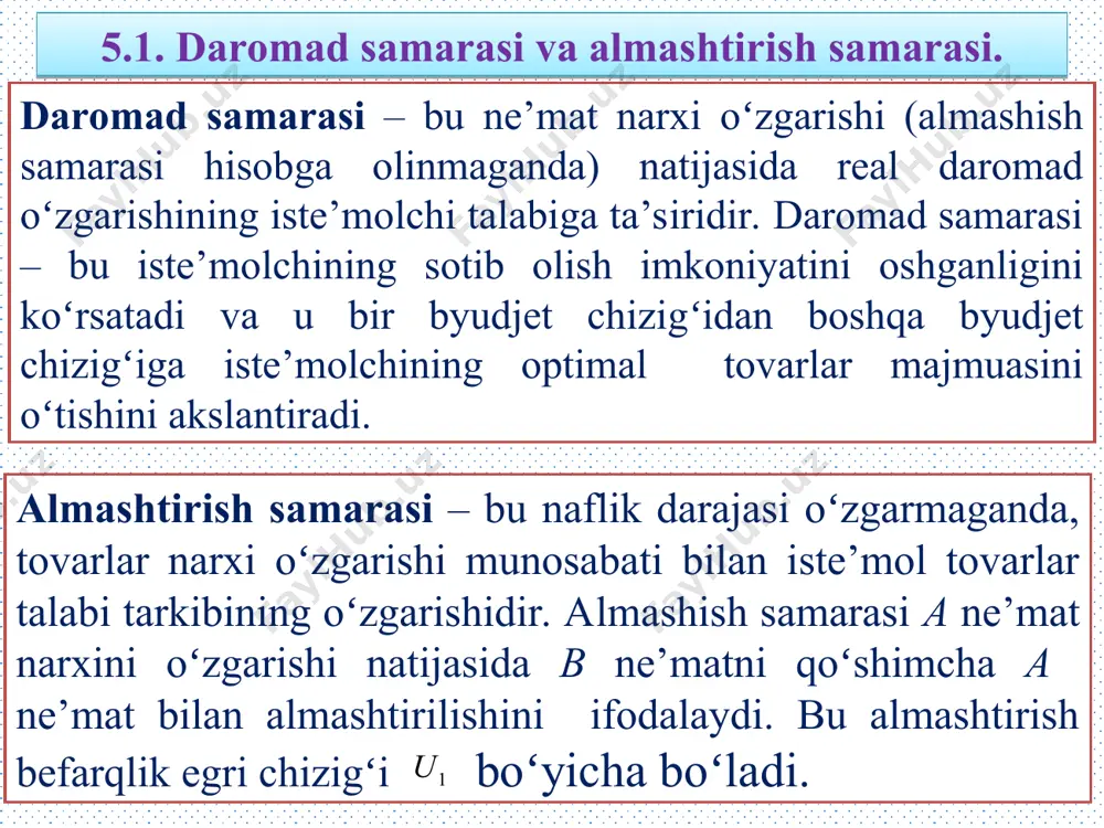 rxlarda oziq-ovqatga boʻlgan talab iste’molchilar, oziq-ovqat birlikda narxi, p soʻm a b v umumiy bozor talabi, birlikda 1 4 6 8 18 2 3 5 7 15 3 2 4 6 12 4 1 3 5 9 5 0 2 4 6 4-rasm. iste’molchilar talab chiziqlari va bozor talabi chizigʻi. 5 4 3 dв dа 1 2 dб 20 18 16 14 12 10 8 6 4 2 p, сўм q oziq ovqat miqdori bozor talabi umuman olganda, bozor talabini aniqlashda har xil demografik guruhlarga qarashli iste’molchilar talablarini yigʻishga, har xil hududlarda yashovchi iste’molchilar talablarini yigʻishga toʻgʻri keladi. masalan, muzqaymoqqa boʻlgan bozor talabi oʻrganilganda yosh bolalar talabi, oʻsmirlar talabi, ayollar talabi, nafaqaxoʻrlar talabi toʻgʻrisidagi axborotlarni olishga va ularni jamlashga toʻgʻri keladi. xuddi shu masalani hududlar boʻyicha aniqlash ham mumkin. bozor talabi chizigʻini va shu bilan birga individual talab chizigʻini ifodalashda tovarlarning narx boʻyicha elastiklik koeffitsiyentidan foydalanish mumkin. biz yuqorida koʻrgan …