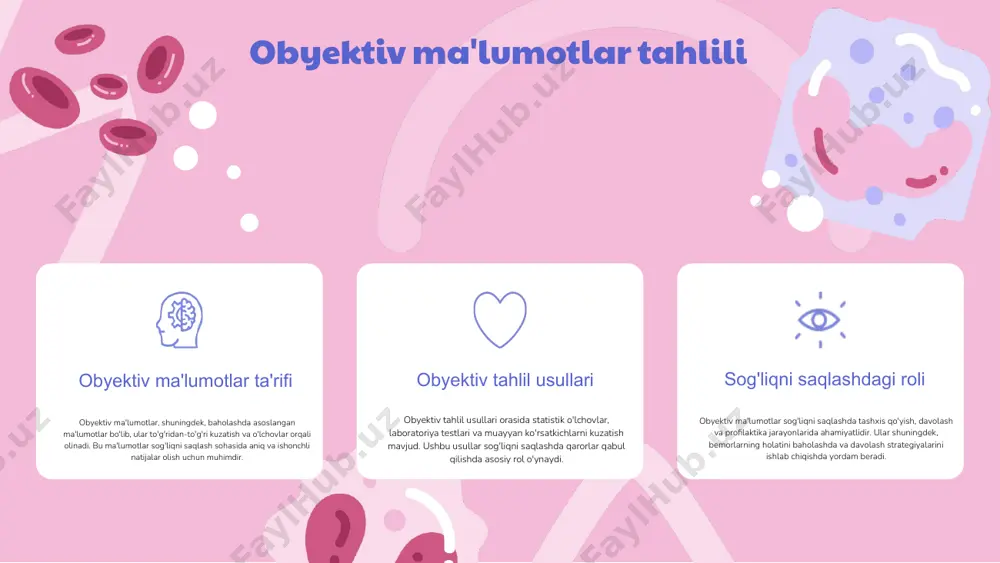 ar bilan ishlash imkoniyati. - **kamchiliklari:** - subyektiv javoblar ishonchlilikni kamaytirishi mumkin. - ba'zi respondentlar anketalarni to'ldirishda noqulaylik sezishi mumkin. **misollar:** 1. bemorlarning og'riq darajasini baholash uchun og'riq anketasi. 2. ruhiy salomatlikni o'lchash uchun beck depressiya so'rovnomasi. 3. sog'liqni saqlash xizmatidan qoniqishni baholash uchun mijozlar so'rovi. intervyular va fokus-guruhlar subyektiv his-tuyg'ularni o'rganish jarayonida intervyular va fokus-guruhlar muhim ahamiyatga ega. - **intervyular**: - **yopiq intervyu**: aniq va aniqlik keltiruvchi javoblar olish imkonini beradi. - **ochiq intervyu**: respondentlar fikrlarini chuqurroq o'rganishga yordam beradi. - **telefon intervyusi**: tezkor ma'lumotlar olish uchun qulay. - **fokus-guruhlar**: - o'zaro munosabatlar orqali ma'lumotlar to'plash imkonini beradi. - guruh dinamikasi subyektiv his-tuyg'ularni yaxshiroq anglashda yordam beradi. bemorlar bilan samarali muloqot muloqotning ahamiyati bemorlar bilan samarali muloqot, ularning ehtiyojlarini to'g'ri tushunish va muhokama qilish uchun muhimdir. asosiy tamoyillar samarali muloqot uchun ochiqlik, ishonch va hurmat tamoyillariga qat'iy rioya qilish lozim. ehtiyojlarni tushunish bemorlarning subyektiv va obyektiv ma'lumotlarini to'plash, ularning …