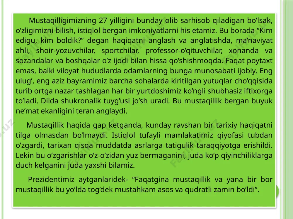 latimiz siyosatining ustuvor yo'nalishlaridan biriga aylandi. “toshkent” xalqaro aeroporti: mamlakatning havo darvozasi. 2 996 063dan ortiq odam - aynan shuncha yo‘lovchiga 2012-yilda “toshkent” xalqaro aeroporti tomonidan xizmat ko‘rsatildi. aerovokzalning yo‘lovchilarni qabul qilish imkoniyati soatiga 1300 kishidan oshadi. 1924-yil 12-may - o‘zbekiston fuqaro aviatsiyasining tug‘ilgan kuni: toshkent-bishkek-alma-ata yo‘nalishi bo‘yicha ilk yo‘lovchilar reysi amalga oshirilgan. biz uchun unutilmas tarixiy kun bo‘lmish 1991 yil 31 avgustda o‘zbekiston mustaqilligining e’lon qilinishi mamlakatimiz sporti hayotida ham yangi va yorqin sahifalar ochdi. buning tasdig‘ini sportchi yigit-qizlarimizning dunyo miqyosidagi turli nufuzli sport anjumanlarida qo‘lga kiritayotgan ulkan yutuq va natijalari misolida bugun yaqqol ko‘rmoqdamiz. 2016 yilgi xxxi yozgi olimpiada o’yinlari o’zbekiston tarixida unutilmas tarixiy yil bo’lib qoldi. ushbu xalqaro nufuzli musobaqada yurtimiz sportchilari umumjamoa hisobida 21 ta medal bilan musobaqa reytingida 21 o’rinni egalladi. shumdan: 5 ta oltin, 5ta kumush va 11ta bronza medallarini qo’lga kiritishdi. image2.jpg image3.jpg image4.jpg image5.jpg image6.jpeg image7.jpg image8.jpeg image9.jpeg image10.jpg image11.jpeg image12.jpeg image13.jpg …