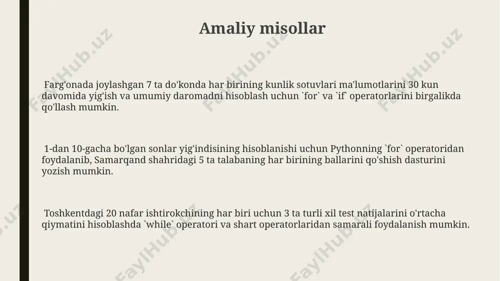 stida iteratsiya amalga oshiriladi va natijada 25 ta operatsiya bajarilishi kerak bo'ladi, bu esa algoritmning murakkabligini oshiradi. loop'larni optimallashtirish usullari `for` loop ichida keraksiz hisob-kitoblarni minimallashtirish va `range(1000)` o'rniga `range(1,1001)` kabi aniq diapazondan foydalanish, algoritmning umumiy bajarilish vaqtini samarqanddagi serverlarda 15% gacha qisqartirishga yordam beradi. katta hajmli ma'lumotlarni (masalan, 1 million qatorli faylni) qayta ishlashda, generatorlarni ishlatish, xotira sarfini sezilarli darajada kamaytirib, masalan, nyu-yorkdagi serverlarda 5-10 marta tezroq ishlashga imkon beradi. python'ning `list comprehension` yordamida 1000 elementli ro'yxatni qayta ishlash, oddiy `for` loopga nisbatan 2-3 baravar tezroq bo'ladi, bu esa xotira sarfini kamaytiradi va toshkentdagi serverlarda ishlash samaradorligini oshiradi. loop'lardagi xatolarni tuzatish python kodida 10-qator atrofida `indexerror: list index out of range` xatosi paydo bo'lsa, loop iterator chegaralarini tekshiring, masalan, list uzunligi 5 bo'lsa, 5-elementga kirishga urinmang, chunki indeks 0 dan boshlanadi. agar loop ichida `zerodivisionerror: division by zero` xatosi toshkentdagi loyihada 7-qatorga yaqin chiqsa, bo'luvchi nolga teng bo'lmasligini ta'minlash …