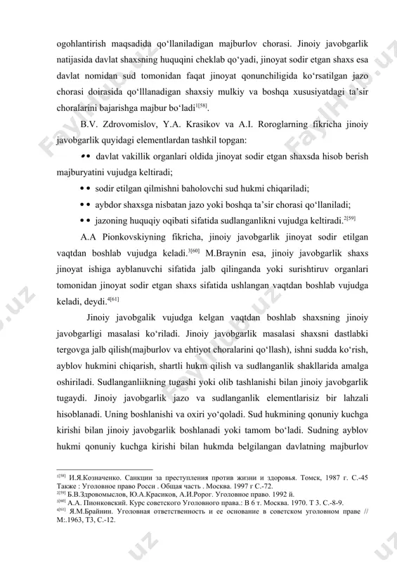 oiy javobgarlik sudning ayblov hukmiga oid qarori, ya’ni jinoyatni sodir etishda aybdor deb topilgan shaxsning sudlanishidan boshlanadi. jinoiy javobgarlik quyidagi shakllarda amalga oshirilishi mumkin: 1. 1. aybdorni jazo qo‘llamasdan sud qilish; 2. 2. aybdorga jazo belgilab, ammo u real ijrosidan ozod qilib sud qilish; 3. 3. aybdorga jazo belgilab, uni ijro etgan holda sud qilish; 4. 4. aybdorga jazo va tibbiy yo‘sindagi majburlov choralarini qo‘llash, shuningdek, ularni real ijro etishni belgilash bilan sud qilish. javobgarlikni amalga oshirishning birinchi shakli javobgarlikning ayblov hukmining chiqarilishi bilan tugallanishida ifodalanadi. chunonchi, jinoyat kodeksining 70-moddasiga muvofiq ish sudda ko‘rib chiqilmagunicha vaziyatning o‘zgarishi bois shaxs o‘zining namunali xulq-atvori, mehnatga yoki o‘qishga vijdonan munosabati tufayli ijtimoiy xavfli bo‘lmay qolgan holatlarda ham sud uni jazoni o‘tashdan ozod etishi mumkin. jinoiy javobgarlik o‘ziga xos xususiyatlarga ega bo‘lib boshqalardan farq qiladi. bu choralarni bir-biridan farqlovchi belgilarga: 1. 1. qo‘llanish asosiga ko‘ra. jinoiy javobgarlik faqat jinoyat kodeksi maxsus qism moddasida ko‘rsatilgan …