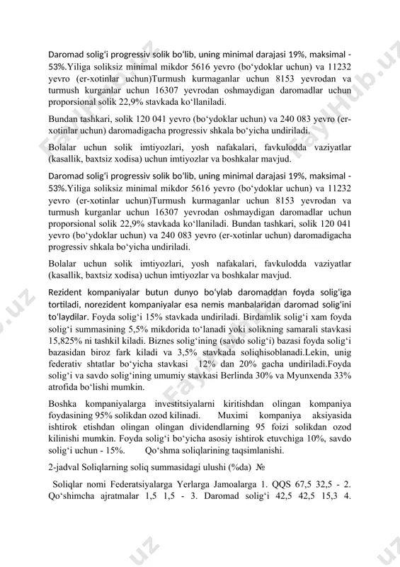 masidagi ulushi (%da) № soliqlar nomi federatsiyalarga yerlarga jamoalarga 1. qqs 67,5 32,5 - 2. qo‘shimcha ajratmalar 1,5 1,5 - 3. daromad solig‘i 42,5 42,5 15,3 4. deklaratsiyalanmagan daromad 50,0 50,0 - 5. korporatsiya solig‘i 50,0 50,0 - 6. kosibchilik 9,0 9,0 82,0 germaniya respublikasida byudjetning markazlashmaganligi markaziy byudjet vositalarining mablag‘larining qayta taqsimlanishi bilan emas, balki byudjet daromadlarni manbalarining qonuniy biriktirilib qo‘yilishi bilan amalga oshiradi. har bir soliq bo‘yicha deyarli alohida ma’yoriy hujjatlar mavjud. germaniya respublikasida jismoniy shaxslardan olinadigan daromad solig‘i to‘g‘ri soliqlar ichida eng muhimi hisoblanadi. soliqqa tortish ob’ekti bo‘lib ish haqi, erkin kasb daromadlari, gonorarlar, kapital daromadlari, banklar jamg‘armalaridagi foizlar, ijara haqi, xususiy ish faoliyatidan olinadigan daromadlar va boshqalar kiradi. germaniya respublikasida 6ta soliq informatsiyalari mavjud bo‘lib ular ishchi va xizmatchilarning ommaviy xolatini, bolalar sonini, hisobga olgan holda amal qiladi. 1 sinfga: bo‘ydoqlar, bolasiz ishchilar, ajrashganlar, bevalar. 2 sinfga: ajrashib 1 ta bolasi borlar. 3 sinfga: oilalilar, agar …