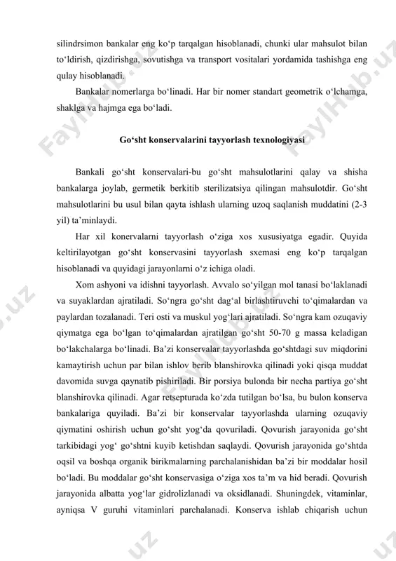 otalar va yuqori darajada to‘yinmagan yog‘ kislotalari bilan boyitilgan xom ashyolardan sifati yaxshi yangi konserva mahsulotlarini ishlab chiqarish tayyor mahsulotda oqsil moddasining yuqori darajada hazm bo‘lishini ta’minlaydi. shuningdek, kalla-pocha mahsulotlariga ham dastlabki ishlovi beriladi. o‘simlik xom ashyolari esa obdon saralanadi, standart talabiga javob bermagan qismlari ajratiladi. yuviladi, blanshirovka qilinadi yoki qaynatiladi. so‘nga bu xom ashyolar sovutiladi. tayyor xom ashyoni bankalarga joylash. bu jarayon ham konserva mahsulotlari ishlab chiqarishda muhim jarayonlardan biri hisoblanadi. bankalarga joylanganda konserva komponentlarining me’yoriy xujjatlar talabiga mos kelishini ta’minlash muhim hisoblanadi. avvalo bankaga qattiq konsistensiyaga ega bo‘lgan xom ashyolar joylanadi va so‘ngra esa suyuq qismi solinadi. konserva komponentlarining turi va miqdori uning retsepturasiga qarab aniqlanadi. tayyor xom ashyoni bankalarga joylash qo‘lda yoki avtomat dozatorlarda bajariladi. bankalar to‘ldirilgandan keyin tortiladi va brutto massasi aniqlanadi. konserva qismlarining nisbati har bir konserva uchun qat’iy o‘rnatilgan bo‘ladi. eksgaustrirovaniye (vakuumlashtirish) jarayonini o‘tkazish. bu jarayonning asl mohiyati mahulotdagi, uning qismlari oralig‘idagi, shuningdek banka …