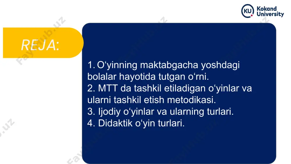 n ijtimoiy o'zaro ta'siri natijasida olingan tajribaga asoslangan faol o'rganish usuli. qoidali o‘yinlar qoidali o'yinlarning mazmuni va qoidasi kattalar tomonidan belgilanadi. qoidali o'yin bolaning sensor rivojlanishini, tafakkur va nutqini, ixtiyorsiz diqqati va xotirasini, har xil harakatlarini muntazam ravishda mashq qildirib borish imkonini beradi. har bir qoidali o'yin ma'ium didaktik maqsadga ega bo'lib, bolani umumiy rivojlantirishga qaratilgan bo'iadi. o'yinda aqliy rivojlanish bilan birga axloqiy sifatlar ham shakllanadi. o'yin jarayonida yuz bergan kechinmalar bola ongida chuqur iz qoldiradi, shuning uchun o'yin bolada yaxshi hislarni, ulug'vor orzular va intilishlarni, sog'lom qiziqishlarni tarbiyalashga yordam beradi. ijodiy o‘yinlar ijodiy o'yinlarni bolalar o'zlari o'ylab topishadi. unda oldindan belgilangan qoidalar bo'lmaydi. o'yin qoidasini bolalar o'zlari o'yin jarayonida belgilashadi. ijodiy o'yinlarda bolalarning tevarak-atrofdan olgan taasurotlari aks ettiriladi. ijodiy o'yin bolalarning mustaqil o'yini bo'lib, o'yinning mazmunini ular o'zlari o'ylab topadilar. bu o'yinda bolalarning erkinligi, mustaqilligi, tashkilotchilik va ijodkorlik qobiliyatlari to'laligicha namoyon bo'iadi. ammo o'yinda hayotiy taassurotlar aynan aks ettirilmaydi, …