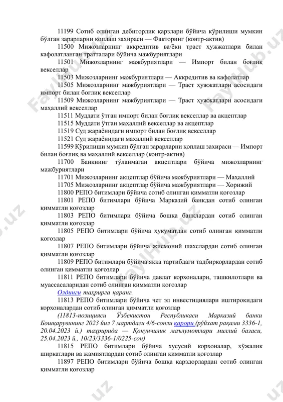 рарларни қоплаш захираси — факторинг (контр-актив) 11500 мижозларнинг аккредитив ва/ёки траст ҳужжатлари билан кафолатланган тратталари бўйича мажбуриятлари 11501 мижозларнинг мажбуриятлари — импорт билан боғлиқ векселлар 11503 мижозларнинг мажбуриятлари — аккредитив ва кафолатлар 11505 мижозларнинг мажбуриятлари — траст ҳужжатлари асосидаги импорт билан боғлиқ векселлар 11509 мижозларнинг мажбуриятлари — траст ҳужжатлари асосидаги маҳаллий векселлар 11511 муддати ўтган импорт билан боғлиқ векселлар ва акцептлар 11515 муддати ўтган маҳаллий векселлар ва акцептлар 11519 суд жараёнидаги импорт билан боғлиқ векселлар 11521 суд жараёнидаги маҳаллий векселлар 11599 кўрилиши мумкин бўлган зарарларни қоплаш захираси — импорт билан боғлиқ ва маҳаллий векселлар (контр-актив) 11700 банкнинг тўланмаган акцептлари бўйича мижозларнинг мажбуриятлари 11701 мижозларнинг акцептлар бўйича мажбуриятлари — маҳаллий 11705 мижозларнинг акцептлар бўйича мажбуриятлари — хорижий 11800 репо битимлари бўйича сотиб олинган қимматли қоғозлар 11801 репо битимлари бўйича марказий банкдан сотиб олинган қимматли қоғозлар 11803 репо битимлари бўйича бошқа банклардан сотиб олинган қимматли қоғозлар 11805 репо битимлари бўйича ҳукуматдан сотиб …