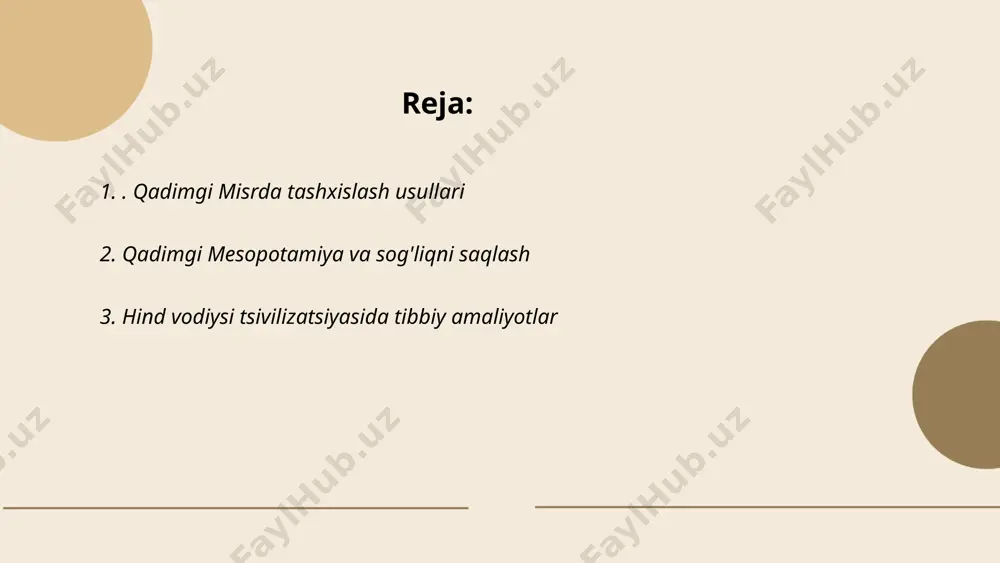 madaniyatlarga ham ta'sir o'tkazgan. ... t.me/slaydai_bot hind vodiysi tsivilizatsiyasida tibbiyot amaliyotlari miloddan avvalgi 2500-1900-yillarda rivojlandi. ushbu davrda turli tibbiy amaliyotlar qo'llanilgan bo'lib, asosan o'simliklardan tayyorlangan dorilar ishlatilgan. mohenjo-daro va harappa xarobalarida topilgan qurollar va asboblar tibbiy jarayonlar o'tkazilganidan darak beradi. tish kasalliklarini davolash uchun murakkab usullar qo'llanilganini topilgan inson qoldiqlari tasdiqlaydi. arxeologlar tomonidan topilgan sopol lavhalarda tibbiy jarayonlar tasvirlangan. hind vodiysi tsivilizatsiyasi davridagi anatomiya va jarrohlik texnikasi zamonasiga nisbatan rivojlangan edi. shu davrda o'simliklar, yog'lar va massaj usullari tez-tez ishlatilgan. shuningdek, kasalliklarni aniqlash va davolashda ilg'or usullar qo'llanilganligi qayd etiladi. bu ma'lumotlar ushbu davrdagi tibbiyot rivoji haqida tasavvur beradi. ... t.me/slaydai_bot 4. qadimgi xitoyda an'anaviy tibbiyot va tashxis qadimgi xitoyda an'anaviy tibbiyot juda rivojlangan bo'lib, uning asosi miloddan avvalgi 3000-yillarga borib taqaladi. tashxis qo'yishda shifokorlar beshta muhim omilga e'tibor berishgan: tomir urishi, ko'rinish, eshitish va hid bilish, savollar berish va teginish. omillar ichida tomir urishining tekshirishiga katta ahamiyat berilgan, taxminan …