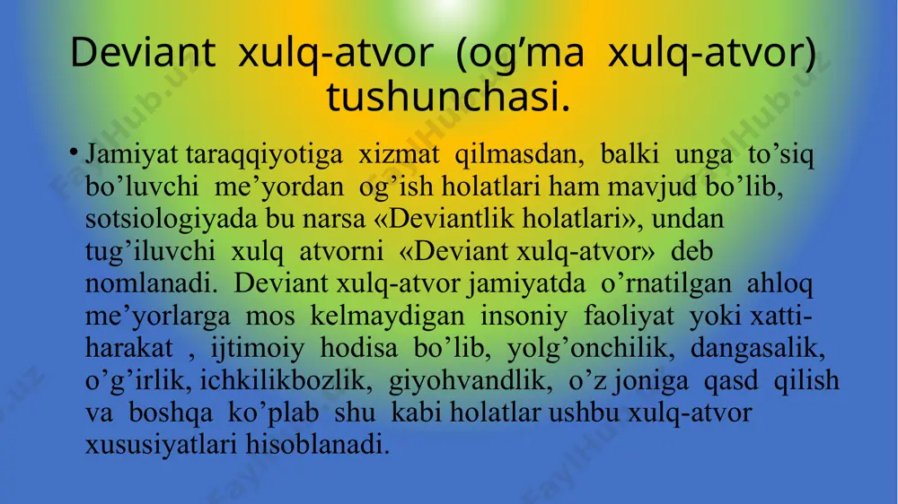 siologiyasining ba’zi namoyondalari ushbu ta’limotning u yoki bu yo’nalishlarini rivojlantirib kelishmoqda. ularning ta’limotlariga ko’ra ichki sekretsiya bezlari, aqliy rivojlanganlik darajasi, xromosomalarning tuzilishi va irsiy sabablar jinoyatchilik va shu kabilarni tug’ma yoki biologik omillarni shakllanishiga ta’sir qiladi. delinkvent xulq atvor va kriminal hatti-harakatlar. delinkvent xulq atvor - deviantlikning ko’rinishlaridan biri bo’lib, bunday hatti-harakat odatda sho’xlik va ko’ngil xushlik harakatlarida namoyon bo’ladi. masalan, o’smir ko’p qavatli uy balkonifan turib yo’lovchilarga og’ir predmetlarni uloqtirishi va bundan lazzatlanishi mumkin. bunday hatti-harakatlar bora-bora deviantlikning og’irroq ko’rinishi kriminallikka o’tib ketishi mumkin professional jinoyatchilik professional jinoyatchilik - jinoiy faoliyat bilan muntazam mashg’ul bo’lish, bu sohada o’ziga yarasha ko’nikmalarni va jinoiy aloqalarni shakllantirish. bundajinoyat subyekt tomonidan noqonuniy daromadga ega bo’lishning yagona manbai sifatida qaraladi. uyushgan jinoyatchilik. uyushgan jinoyatchilik oddiy biznesga o’xshagan faoliyat bilan bog’liq, biroq uning mazmuni qonunga xilof bo’ladi. tashkiliy jinoyatchilik - qudratli biznes bo’lib, uni iqtisodiy faoliyatning har qanday yirik sohasi, masalan avtomobil sanoati bilan qiyoslash …