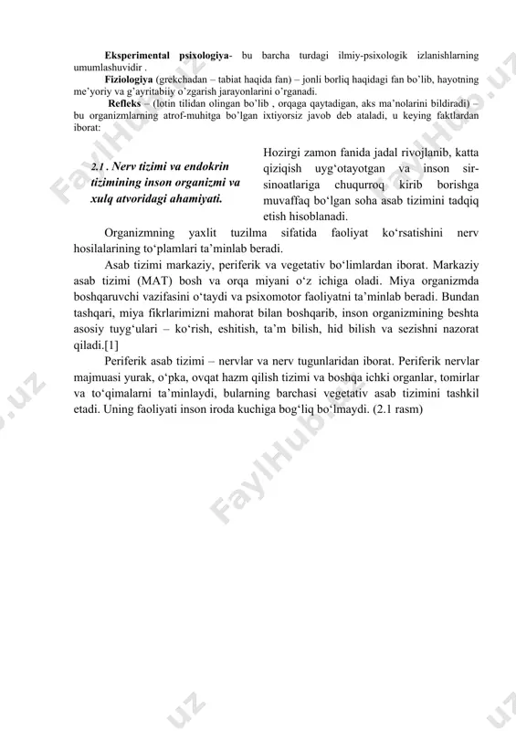 y yetilish davrida tashqi jinsiy belgilarning rivojlanishi tezlashishi kuzatiladi shartsiz reflekslar – organizmning muhim hayotiy ta’sirlovchi omillar (ozuqa, xavf va shunga o‘xshashlar)ga nisbatan tug‘ma reaksiyasi. shartli reflekslar – bu organizmning shunday reksiyalaridirki, ular tug‘ma bo‘lmasdan, hayotiy sharoitlarda orttiriladi. retseptorlar – hissiy yoki sensor hujayralar bo‘lib, ular, ya’ni, bu ta’sirlanish, ichki yoki tashqi ta’sirlanish bo‘lishidan qat’iy nazar, u haqidagi axborotni qabul qilgandan so‘ng, o‘zgartirib, asab tizimiga etkazib beruvchi maxsus tuzilmalardir. ruh – falsafa va din borasidagi chuqur tushuncha. ko’plab falsofa va diniy yo’nalishlarda, inson ruhi-o’lmas, mavhum deb hisoblangan, uning asosiy xususiyatlari his- tuyg’u, tafakkur ong, kechinma va irodadan iboratdir. eksperimental psixologiya- bu barcha turdagi ilmiy-psixologik izlanishlarning umumlashuvidir . fiziologiya (grekchadan – tabiat haqida fan) – jonli borliq haqidagi fan bo’lib, hayotning me’yoriy va g’ayritabiiy o’zgarish jarayonlarini o’rganadi. refleks – (lotin tilidan olingan bo’lib , orqaga qaytadigan, aks ma’nolarini bildiradi) – bu organizmlarning atrof-muhitga bo’lgan ixtiyorsiz javob deb ataladi, u keying faktlardan …
