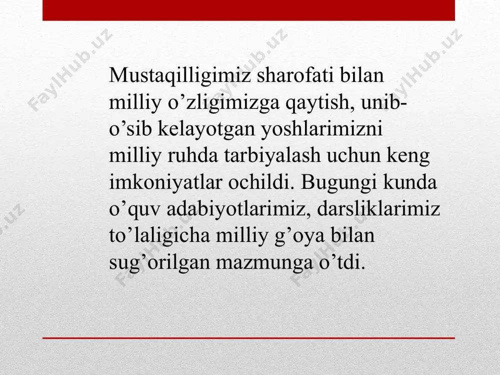 ichlari va mezonlarining tahminiy namunasini keltiramiz. o'zekiston—vatanim mening. o'zbekistonning tabiiy, ma'na­viy, jug'roflya va milliy xususiyatini anglash, o'lkaning o'tmishi, hozirgi hayot va kelajagi haqida tushunchalarga ega bo'lish, o'zbe­kistonning, o'zbek xalqining qahramon farzandlarining xizmatlarini bilish, o'zbekiston davlat ramzlarini bilish. milliy g'urur, o'zbek millatiga mansubligini anglash, ”o'zbek xalqi” tushunchasining madaniy mohiyatini tushunish, o'zini o'z millatining farzandi deb bilib, milliy burchlarini anglash, ona tilini cheksiz sevish, shu tilda to'g'ri so'zlash va fikrlash. milliy odob, avval salomlashib, keyin so'z boshlash, o'zbek xalqida, „yaxshi”, „yomon” deb baholanuvchi xulq namunalarini bilish, barchani „siz”lash, o'zidan katta va kichiklarni izzatlash, do'stlik burchlarini bilish, ustozlarni e'zozlash munosabati, uyat so'z, so'kinishga, odobsizlikka salbiy munosabat bildirish. vijdoniylik. biror ishga qo'l urishdan avval „bu ishimga odamlar nima deyisharkan?” degan mulohaza va andishaga borish, rostgo'ylik, yaxshi xulq va yomon xulqning farqlarini tushunish, yaxshi xulqqa ijobiy, yomon xulqqa salbiy munosabatini bildirish, ko'ngildagi gapni ochiq aytishga o'rganish. yoshlarimizni milliy ruhda tarbiyalashda milliy udum va odatlarimiz ham …