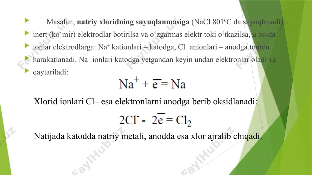 l ajraladi. elektroliz reaksiyalarida anodda qanday modda hosil bo‘lishini ham oldindan aniqlash mumkin. buning uchun reaksiyada ishtirok etayotdan anionga qaraladi. anion sifatida ko‘pincha kislota qoldig‘i olinadi. kislotalar mavzusidan bizga ma’lumki, kislotalarni tarkibida kislorod atomi bor yoki yo‘qligiga ko‘ra 2 guruhga ajratish mumkin. 1. kislorodli kislotalar: h2so4, h3po4, hno2, hclo va h.k. 2. kislorodsiz kislotalar: hcl, hbr, hi, h2s, hf va h.k. tarkibida kislorodli kislota qoldig‘i yoki ftorid (f–) anioni saqlagan tuz eritmasi elektroliz qilinganda, anodda suv molekulalari oksidlanib kislorod moddasi ajralib chiqadi. agar elektroliz reaksiyasida kislorodsiz kislota qoldig‘ini (ftorid anionidan (f–) tashqari) saqlagan modda ishtirok etayotgan bo‘lsa, bu elektroliz reaksiyasida anodda kislota qoldig‘i tarkibidagi metallmas molekulasi ajraladi. masalan, xlorid ionidan (cl–) xlor molekulasi (cl2); bromid ionidan (br–) brom molekulasi (br2); yodid ionidan (i–) yod molekulasi (i2); sulfid ionidan (s2–) oltingugurt molekulasi (s). yuqoridagi ma’lumotlarni bilgan holda eritma elektrolizi reaksiyalarini 6 guruhga bo‘lishimiz mumkin. 1. aktiv metall va kislorodli kislota qoldig‘idan …