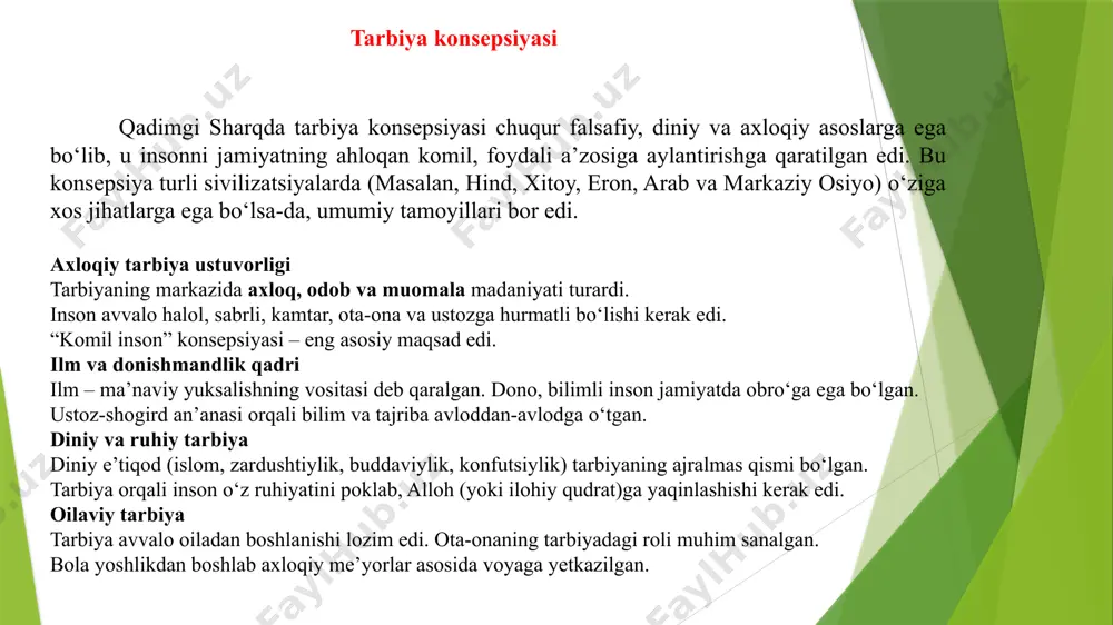 di (1420 yilda) – bu o‘rta osiyodagi eng ilg‘or ilmiy dargohlardan biri edi; maktabda matematika, astronomiya, mantiq, falsafa, fiqh, qur’on talqini, adabiyot, musiqa kabi fanlar o‘rgatilgan; ulug‘bek o‘zi ham dars bergan, shogirdlar yetishtirgan (masalan, ali qushchi); u tomonidan tuzilgan “ziji jadidi kuragoniy” astronomik asari nafaqat ilmiy, balki ta’limiy ahamiyatga ega edi; ulug‘bekning pedagogik yondashuvi – ilmni e’tiqod bilan uyg‘unlashtirish, ilmiy tafakkurni rivojlantirishga qaratilgan edi. zahiriddin muhammad boburning pedagogik fikrlari zahiriddin muhammad bobur (1483–1530) – buyuk sarkarda, shoir va ma’rifatparvar. uning “boburnoma” asarida ta’lim, tarbiya, odob-axloq masalalariga alohida o‘rin berilgan. bobur:ilmni ezgu inson tarbiyasining asosi, deb bilgan; o‘g‘li humoyunga yozgan nasihatlarida ilmga, kitobxonlikka, halollikka intilish, yurtni adolat bilan boshqarish haqida fikrlar bildirgan; o‘zi hindistonda ham madrasalar, kutubxonalar ochishga bosh bo‘lgan; uning pedagogik qarashlarida musulmonchilik, insonparvarlik va odob muhim o‘rin egallaydi. abdurahmon jomiyning ta’limiy-axloqiy qarashlarida komil inson tarbiyasi abdurahmon jomiy (1414–1492) – fors-tojik adabiyotining yirik namoyandasi, mutasavvif, faylasuf va pedagog. u komil …