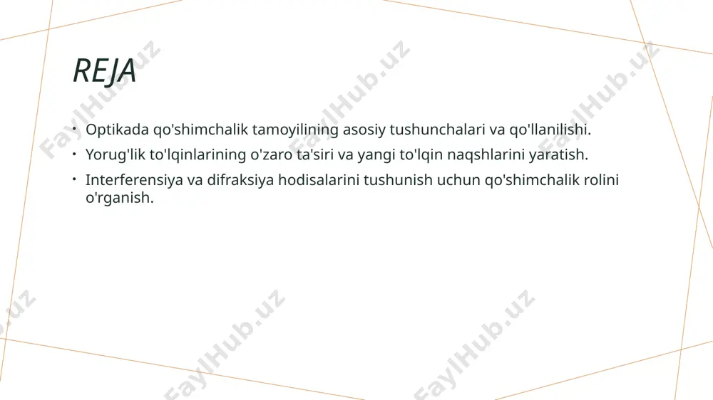 fraksiya qurilmalari difraksiya panjaralari spektr analizatorlarida foydalaniladi, bu esa yorug'likning turli to'lqin uzunliklarini ajratishga va tahlil qilishga imkon beradi. 3 optik sensorlar optik sensorlar superpozitsiya tamoyili asosida qurilgan bo'lib, ular turli modulyatsiyalangan yorug'lik signallarini aniqlash va o'lchash imkonini beradi. yorug'lik to'lqinlarining o'zaro ta'siri: nazariy asoslar. 1 to'lqinlar interferensiyasi interferensiya - yorug'lik to'lqinlari bir-biriga qo'shilganda hosil bo'lgan hodisa. bu jarayon yangi yorug'lik naqshlarini yaratadi va fazoviy o'zgarishlarga olib keladi. 2 fazoviy o'zgarishlar fazoviy o'zgarishlar to'lqinlar superpozitsiyasi natijasida yuzaga keladi. bu o'zgarishlar yorug'likning intensivligi va rangini o'zgartirishi mumkin. 3 kogerentlik sharti kogerentlik sharti interferensiya uchun muhimdir. kogerent to'lqinlar bir xil chastotaga va barqaror faza farqiga ega bo'lishi kerak. 4 amaliy ilovalar interferensiya mikroskopiya, holografiya va optik ko'rsatkichlar kabi sohalarda qo'llaniladi. bu texnologiyalar aniq va batafsil tasvirlarni olishga yordam beradi. to'lqin naqshlari: yangi strukturaviy ko'rinishlar. 1 to'lqin naqshlari to'lqin naqshlari yorug'lik to'lqinlarining o'zaro ta'sirlashuvi natijasida hosil bo'ladi. bu naqshlar interferensiya va difraksiya hodisalarida …