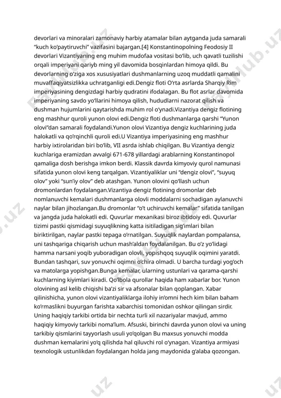 ni boshqarish va jangovar mahoratni oshirishga oid qimmatli ma’lumotlarni o‘z ichiga oladi.strategikonda qo‘shinlarni tashkil etish va janglarda samarali boshqarish uchun ba’zi tavsiyalar berilgan. masalan, imperator belisarius, yuqori darajadagi qo‘mondon sifatida, jangovar birliklarni kichik guruhlarga ajratishni tavsiya qiladi, chunki bu kuchlar bir-biriga yaqin bo‘lsa, ular bir-birini qo‘llab-quvvatlashlari va tezkor harakat qilishlari mumkin. jangga kirishdan oldin qo‘mondonlar raqibni tahlil qilib, qanday reja tuzish kerakligini belgilashlari zarur. asarda bu taktikani “jangda yuqori tezlikda qarorlar qabul qilish” deb atagan.[6]bundan tashqari, josuslar tarmog‘i dushmanlarning rejalarini oldindan bilib olishga va resurslarni strategik joylashtirishga yordam beradi.[7]vizantiya mudofaa tizimi oʻrta asrlarda sharqiy rim imperiyasi yoki vizantiya imperiyasining ichki va tashqi xavfsizligini taʼminlash uchun ishlab chiqilgan koʻp qatlamli strategiyalardan iborat edi.vizantiya shaharlarida, ayniqsa poytaxt konstantinopol atrofida kuchli istehkomlar qurilgan. mashhur feodosiy ii(408-450) davrida quruqlikdagi mudofaa tizimi propontis (marmara dengizi) va oltin shox qirg‘oqlari bo‘ylab joylashgan dengiz devorlari bilan to‘ldirilgan. oltin shox bo‘yidagi devor blachernae quruqlik devoridan avliyo demetriy burnigacha …