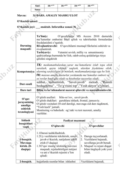 ms access 2010 dasturida ma’lumotlar omborini hosil qilish va tahrirlash — DOCX