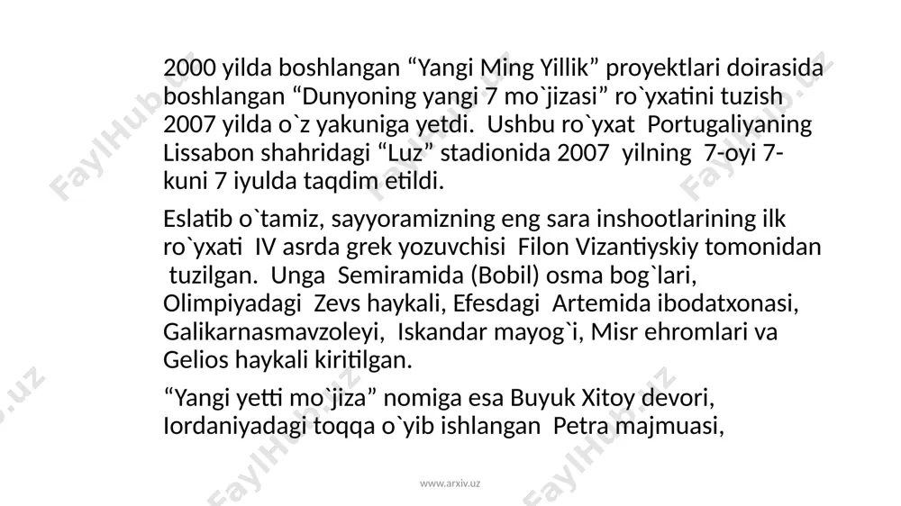 etr, deya e`tirof etildi. buyuk xitoy devorining o`rtacha balandligi 9 metr. kengligi 5-6,5 metr. devorda soqchilar uchun to`rtburchak burjlar qurilgan va ularning balandligi 10-12 metrgacha yetgan. www.arxiv.uz www.arxiv.uz kolizey rim kolizeyi - qadimiy rim me`morchiligining ulkan yodgorligi. aslida ham kolizey so`zi lotin tilida “ulkan” degan ma`noni anglatadi. u milodimizning 70-80-yillarida imperator tit tomonidan qurilgan. ellips shaklidagi inshoot balandligi 57 metr. unga 50 ming tomoshabin bemalol sig`adi. o`rindiqlar toshdan ishlangan. imperator o`rindig`i sahna bilan teng bo`lgan (ya`ni 3,5 metr balandlikda). kolizey sahnasida bayram tantanalari, teatr tomoshalari, gladiatorlar janglari va qurbonliklar o`tkazilgan. www.arxiv.uz www.arxiv.uz hindiston tojmahali temuriylar avlodlari tomonidan hindiston zaminida bunyod etilgan ushbu me`moriy yodgorlik 1631-52 yillarga mansubdir. u agra shahri yaqinidagi jamna daryosi bo`yida shoh jahonning arjumandbonuga bo`lgan muhabbati ramzi o`laroq qad ko`targan. shoh jahonning o`zi ham keyinchalik shu yerda dafn etilgan. inshoot murabba tarxli bo`lib, 3 qavat va 5 gumbazdan iborat. bino marmar supa ustiga qurilgan, to`rt tomonida balandligi …