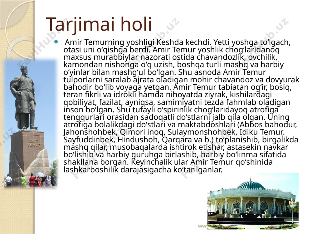 ing yorqin isbotidir. amir temurga har bir zafarli voqea va sevinchli hodisani muhtasham meʼmorlik obidasi barpo etish bilan nishonlash odat boʻlgan. www.arxiv.uz hofizi abroʻning yozishicha, amir temur turk, arab va eronliklar tarixini chuqur bilgan. u davlat ahamiyatiga ega boʻlgan har bir masalani hal etishda, shu sohaning bilimdonlari va ulamolari bilan maslahatlashardi. odatda u tibbiyot, riyoziyot, falakiyot, tarix, adabiyot, tilshunoslik ilmi namoyandalari, shuningdek ilohiyot va din sohasidagi mashhur ulamolar bilan suhbatlar oʻtkazardi. amir temur saroyida ulamolardan mavlono abdujabbor xorazmiy, mavlono shamsuddin munshi, mavlono abdullo lison, mavlono bahruddin ahmad, mavlono nuʼmonuddin xorazmiy, xoʻja afzal, mavlono alouddin koshiy, jalol xokiy va b. xizmat qilardi. alisher navoiyga amir temurning ilm va maʼnaviyat aqliga koʻrsatgan gʻamxoʻrligi juda yoqar edi. www.arxiv.uz amir temurning harbiy yurishlari, jangu jadallarining oqibatlariga baho berilar ekan, shuni alohida taʼkidlash kerakki, uning faoliyati qoʻyilgan maqsad va rejalari jihatidan ikki bosqichga boʻlinadi. birinchi bosqich (1360 — 86)da amir temur movarounnahrda markazlashgan davlat tuzish …