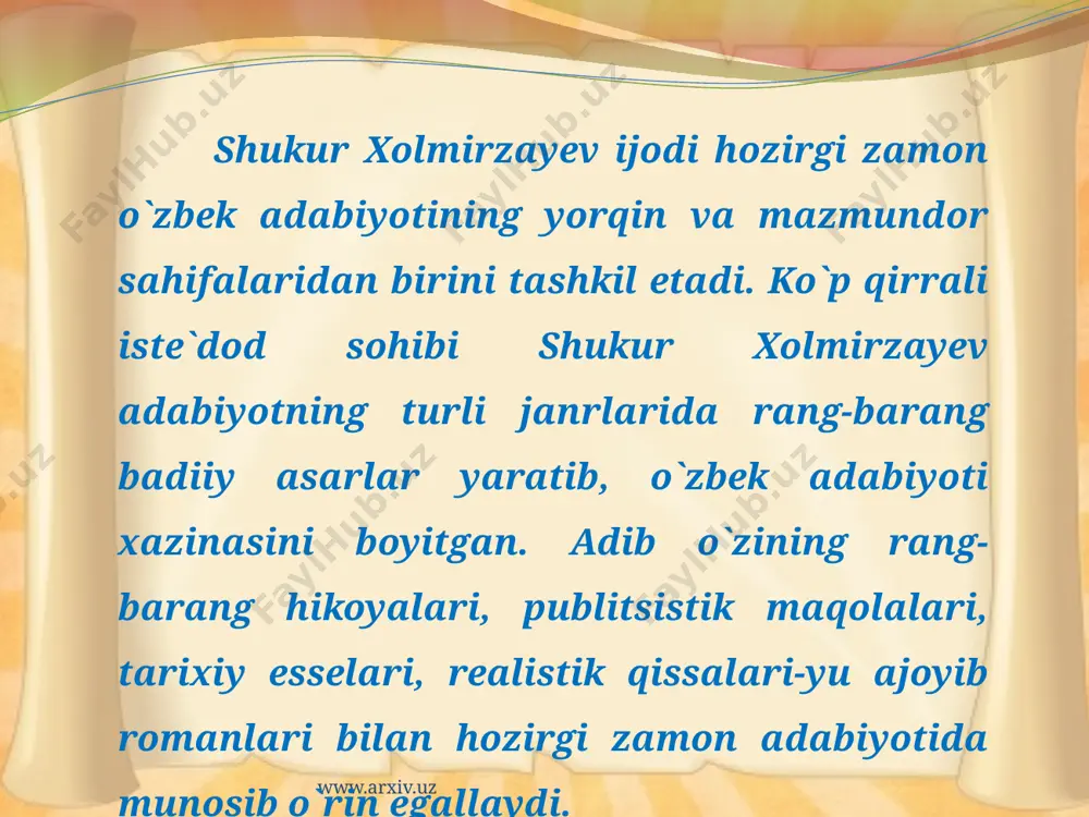 i hikoyalarini va “dinazavr” romanini e`lon qilib, hozirgi hayotning mohiyati, murakkabliklari, ziddiyatlari, qiyinchiliklari to`g`risidagi shafqatsiz haqiqatni ifodalashga intildi. shukur xolmirzayev asarlari www.arxiv.uz to`lqinlar o`n sakkizga kirmagan kim bor... hayot abadiy so`nggi bekat yo`llar, yo`ldoshlar bodom qishda gulladi qil ko`prik og`ir tosh ko`chsa e`tiboringiz uchun raxmat www.arxiv.uz image3.jpeg image4.jpeg image5.png image6.jpg image2.jpg