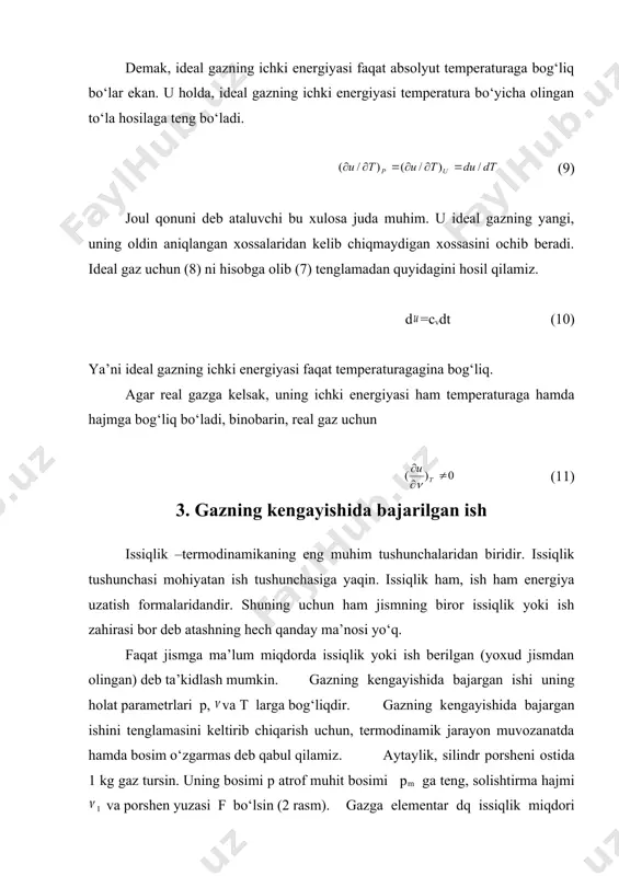 issiqlik miqdori kiritilganda (yoki chiqarilganda) o‘zgaradi. tizim muvozanat holatidan chiqadi yoki muvozanat holatiga qaytadi. demak, energiyaning saqlanish qonuni asosida termodinamikaning 1-qonunini quyidagicha ta’riflash mumkin: tizimga uzatilgan issiqlik miqdori shu tizim ichki energiyasining o‘zgarishiga va tashqi kuchlarga qarshi bajarilgan foydali ishga sarflanadi. aytib o‘tilganlarni quyidagi tenglama yordamida ifodalash mumkin: (14) differentsial formada yozilgan shu munosabatning o‘zi quyidagi ko‘rinishda bo‘ladi: (15) yoki . (16) bundan keyin tizimga beriladigan issiqlikni musbat (+), tizimdan olib ketiladigan issiqlikni (-) manfiy deb hisoblashni shartlashib olamiz. tegishlicha tizim bajaradigan ishni musbat, tizim ustida bajariladigan ishni manfiy deb shartlashib olamiz. belgilar tizimini tanlash mutloq ixtiyoriydir: albatta, xuddi shu yo‘sinda belgilarning teskari tizimini tanlash ham mumkin. bunda faqat keyingi barcha termodinamikaviy hisoblashlarda bir xillikka rioya qilishgina muhimdir. (10), (12) termodinamika birinchi qonunining tenglamalarini va (15), (16) tenglamalarni e’tiborga olib quyidagi ko‘rinishda yozish mumkin: (17) (18) 5. entalpiya entalpiya (yunoncha – enthalria – isitaman) tizimning holat funktsiyasi bo‘lib, u h …