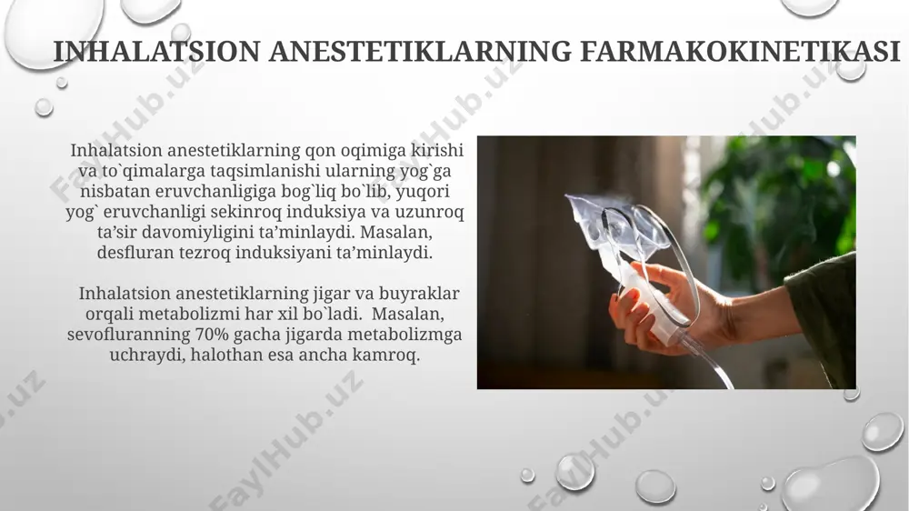 etadi. inhalatsion anestetiklarning farmakodinamikasi ингаляцион анестетикларнинг липидлардаги эригишлиги уларнинг миядаги концентрацияси ва анестетик таъсирининг тезлигини белгилайди, масалан, севофлураннинг липидларда эригишлиги нитроксга қараганда юқори. ингаляцион анестетикларнинг минимал альвеоляр концентрацияси (mak) турли хил анестетиклар учун 0,5% дан 3% гача ўзгаради ва бу уларнинг кучини акс эттиради. inhalatsion anestetiklarning kimyoviy tuzuliši halothan (cf₃chclbr) kabi ba'zi inhalatsion anestetiklarning molekulasida xlor va brom atomlari ham mavjud bo'lib, bu ularning yog'da eruvchanligini oshiradi va anestetik ta'sirini kuchaytiradi. inhalatsion anestetiklarning ko'pchiligi, masalan, izofluran, desfluran va sevofluran kabi, efirlar guruhiga kiradi va ularning molekulasida 1-2 ta ftor atomlari mavjud bo'lib, bu ularning anestetik xususiyatlariga ta'sir qiladi. inhalatsion anestetikaning yon ta'sirlari va asoratlari inhalatsion anesteziklardan foydalanish nafas olish tizimining tirnash xususiyatiga, masalan, bronxospazmga (taxminan 5-10% hollarda) va gipoventilyatsiyaga olib kelishi mumkin. yuqori dozalarda qo'llanilganda, ba'zi inhalatsion anesteziklar yurak ritmining buzilishiga, qon bosimining pasayishiga va gemodinamik beqarorlikka olib kelishi mumkin. e'tiboringiz uchun rahmat @taqdimot_robot image3.png image4.jpg image5.jpg image6.jpg image7.jpg image8.jpg …
