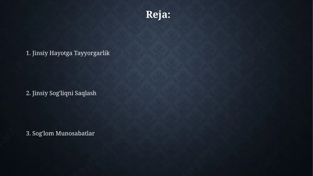 ning samaradorligi va yon ta'siri farq qiladi. hissiy tayyorgarlik o'zaro hurmat va ochiq muloqot jinsiy hayotning muvaffaqiyatli bo'lishi uchun juda muhim; munosabatlardagi ishonch va tushunish darajasi 70% gacha qoniqishni ta'minlaydi. jinsiy aloqada bo'lishdan oldin, sti (jinsiy yo'l bilan yuqadigan infektsiyalar)dan himoyalanish usullarini, masalan, prezervativlardan foydalanishni bilish juda muhim, bu xavfni 98% gacha kamaytiradi. jinsiy hayotga tayyorgarlik sog'lom munosabatlarni o'rnatish va o'zaro hurmatga asoslangan jinsiy hayot uchun, ochiq va samimiy muloqot, jinsiy ta'lim olish va sherik bilan birgalikda qarorlar qabul qilish muhimdir. jinsiy hayotga kirishdan avval, kamida 2-3 yil davomida sog'lom turmush tarzini yuritish, to'g'ri ovqatlanish va muntazam jismoniy mashqlar bilan shug'ullanish muhim ahamiyatga ega. kontrasepsiya usullari kondomlar jinsiy yo'l bilan yuqadigan infektsiyalar (jyiyi) dan 98% gacha himoya qiladi, lekin ularning samaradorligi to'g'ri qo'llanilishiga bog'liq. noto'g'ri qo'llanilganda samaradorlik sezilarli darajada pasayadi. spiral (iud) 5 yildan 10 yilgacha davom etadigan uzoq muddatli kontratseptiv vosita bo'lib, uning samaradorligi 99% dan yuqori. ammo, qo'yish …
