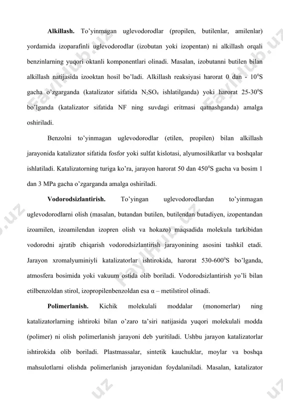 merlanish jarayoni deb yuritiladi. ushbu jarayon katalizatorlar ishtirokida olib boriladi. plastmassalar, sintetik kauchuklar, moylar va boshqa mahsulotlarni olishda polimerlanish jarayonidan foydalaniladi. masalan, katalizator (fosfor kislotasi) ishtirokida propilenning polimerlanishi orqali yuvuvchi vositalar ishlab chiqarishda qo’llanilinadigan propilen tetrameri olinadi. propilenning polimerlanishi natijasida yuqori sifatli plastmassa (polipropilen) ishlab chiqariladi. izobutilenning polimerlanishi orqali qattiq poliizobutilen (molekulyar massasi 200000 atrofida) yoki suyuq poliizobutilen (molekulyar massasi 10000 atrofida) olinadi. 9.2. neftkimyoviy jarayonlarni sinflash neft va gazni kimyoviy yo’l bilan qayta ishlash texnologiyasida har xil reaksiyalardan foydalaniladi. ularning ko’pchiligi sanoat reaktorlarida amalga oshiriladi. kimyoviy reaksiyalar odatda umumiy alomatlarga asoslangan holda sinflanadi. kimyoviy reaktor konstruksiyasi va jarayonni boshqarish usullarini tanlash uchun reaksion sistemaning fazaviy tarkibi muhim ahamiyatga ega. reagentlar va mahsulotlarning fazaviy tarkibiga ko’ra, kimyoviy reaksiyalar gomogen va geterogen bo’lishi mumkin. gomogen reaksiyalarda reagentlar va mahsulotlar bitta faza (suyuq yoki gazsimon) da bo’ladi. masalan, gazsimon uglevodorodlarni piroliz qilish gomogen reaksiyani tashkil etadi. geterogen reaksiyalari yuz berganda eng kami …