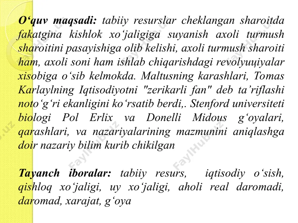 tabiiy materiallardan iborat. u talablarga javob berishi kerak: -miqdori yordam bo'lishi; -qazib olish arzon va oson bo'lishi; -texnologik jarayonlar oson borishi kerak. qishloq xomashyo ashyosi ikki turga - o'simliklardan xogan xom ashyolar va hayvonlardan mahsulotgan xom ashyolarga bo'linadi. yer ostidan qazib olingan mineral birikmalar mineral ashyolar deyiladi. ular uch turga bo'linadi: a) rudali; b) rudasiz; v) yonuvchi mineral xom ashyolar. bu minerallarning ko'pi qattiq holda bo'ladi. suyuq minerallarga faqat neft va tuz boylari, gaz holdagisiga tabiiy gaz keladi. rudali mineral xom ashyolar foydali jinslar bo'lib, metallar olish uchun foydali manbadir. statistik ma’lumotlarga ko‘ra, dunyo miqyosida cho‘llanish hamda qurg‘oqchilik oqibatida har yili 42 milliard aqsh dollariga teng qishloq xo‘jaligi ekinlari nobud bo‘ladi. qolaversa, kelgusida iqlimning tobora isishi va cho‘llarning kengayishi sababli oziq-ovqat mahsulotlari etishtirish hajmi kamayishi barobarida, hayvonot hamda o‘simlik dunyosida ham keng ko‘lamli ko‘chishlar kuzatilishi mumkin. bu esa faolligi sustroq bo‘lgan turlar yangi sharoitga moslasha olmay, butunlay yo‘q bo‘lib ketish …