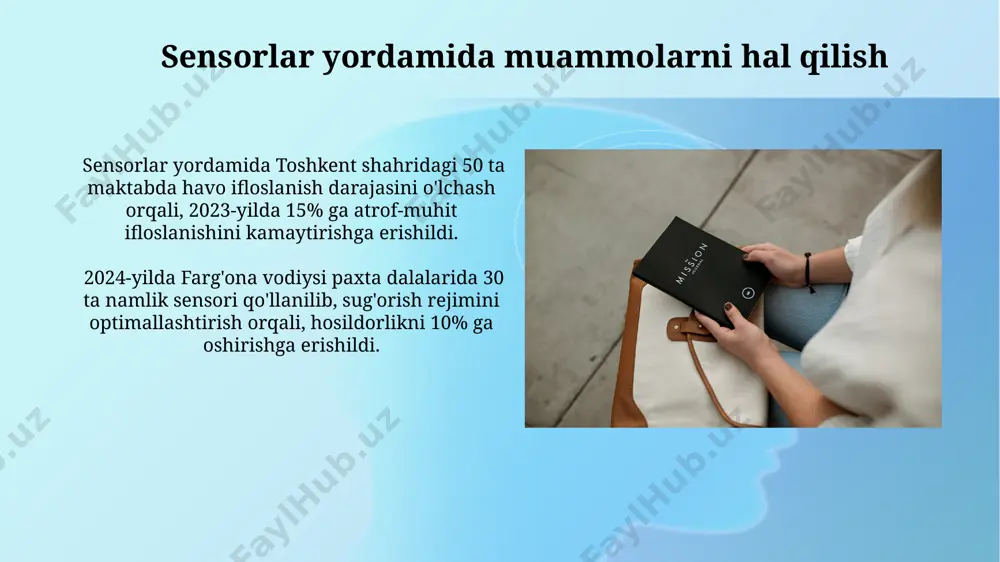 amlik va harorat sensorlari 30% ga hosildorlikni oshirishga yordam beradi, suv resurslaridan unumli foydalanishni ta'minlaydi. tibbiyotda, toshkent shahridagi 1-sonli shifoxonada 5 yildan buyon yurak urishi va qon bosimi sensorlari yordamida bemorlarning holati doimiy kuzatilib, 15% ga o'lim hollari kamaygan. sensor texnologiyalarining rivojlanishi sensor texnologiyalarining rivojlanishi natijasida 2023 yilda dunyo bo'ylab 15 milliarddan ortiq sensorlar ishlab chiqarildi, bu esa internet of things (iot) tizimlarining kengayishiga sabab bo'ldi. miniatyurizatsiya jarayonining tezlashuvi tufayli sensorlarning o'lchamlari sezilarli darajada kamaydi, masalan, 1 mm dan kam diametrli mikroelektromexanik tizimlar (mems) sensorlari tibbiyot va avtomobil sanoatida keng qo'llanilmoqda. sensor ta'limi natijalari va baholash sensor texnologiyalari bo'yicha bilimlarini baholash uchun 5 ball shkalasi qo'llanilishi, samarqanddagi texnikum talabalarining 85% i yuqori ball to'plaganligini aniqladi. sensor ta'limi natijalarini baholashda, 100 talaba orasida o'tkazilgan so'rovnoma natijalariga ko'ra, toshkent shahridagi 70% talaba amaliy ko'nikmalarini yaxshilaganini ko'rsatdi. sensorlarni o'rgatish uslublari sensorlarni o'rgatishda 3d modellashtirish va simulyatsiya yordamida, masalan, autodesk inventor yoki solidworks dasturlari …