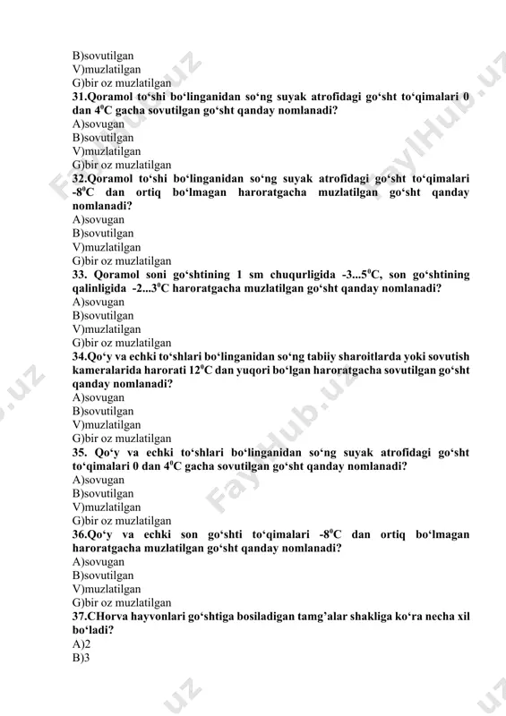 undan kam masofadan tashib keltirilgan bo‘lsa tirik vaznga nisbatan qancha miqdorda chegirma (skidka) beriladi? a)1,5% b)2,0% v)3,0% g)chegirma berilmaydi 47. agarda chorva hayvonlari kushxonaga 51...100 km masofadan tashib keltirilgan bo‘lsa tirik vaznga nisbatan qancha miqdorda chegirma (skidka) beriladi? a)1,5% b)2,0% v)3,0% g)chegirma berilmaydi 48. agarda chorva hayvonlari kushxonaga 100 km.dan ortiq masofadan tashib keltirilgan bo‘lsa tirik vaznga nisbatan qancha miqdorda chegirma (skidka) beriladi? a)1,5% b)2,0% v)3,0% g)chegirma berilmaydi 49.kushxonaga qabul qilish – topshirish jarayonida tirik massa va semizlik darajasidan kelib chiqib so‘yishgacha yirik va mayda shoxli qoramol necha soatgacha oziqlantirmasdan saqlanadi? a)3 soat b)6 soat v)12 soat g)24 soat 50.kushxonaga qabul qilish – topshirish jarayonida tirik massa va semizlik darajasidan kelib chiqib so‘yishgacha cho‘chqalar necha soatgacha oziqlantirmasdan saqlanadi? a)3 soat b)6 soat v)12 soat g)24 soat 51.kushxonaga qabul qilish – topshirish jarayonida tirik massa va semizlik darajasidan kelib chiqib so‘yishgacha buzoq va cho‘chqa bolalari necha soatgacha oziqlantirmasdan saqlanadi? a)3 soat …