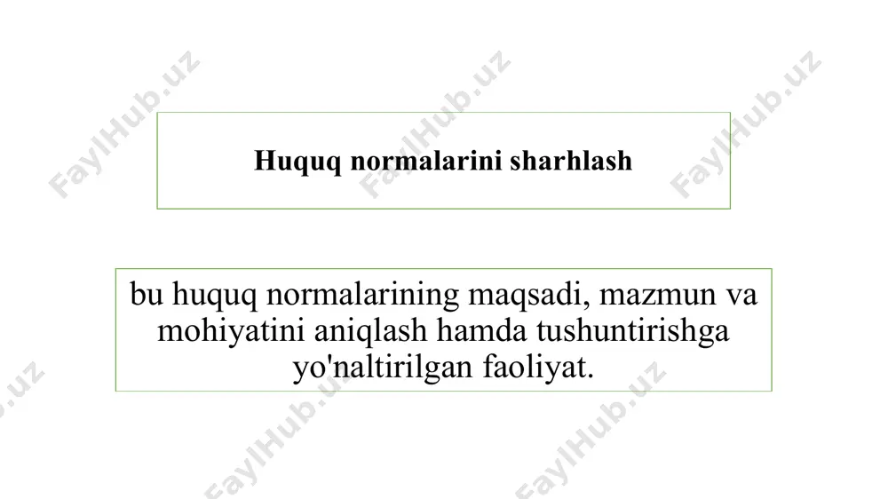 ajmuidir tizimli sharhlash mantiqiy usul funksional usul tarixiy-siyosiy usul maxsus-yuridik usul kengaytirilgan sharhlash huquq normalarini hajmiga ko‘ra sharhlash cheklangan sharhlash huquq normalarini aynan sharhlash huquq normalarini aynan sharhlash sharhlanayotgan huquq normasi ma’nosini tushunish huquq manbai matniga to‘liq mos kelishida o‘z ifodasini topadi. bunday sharhlashning natijasi huquqiy ko‘rsatmaning so'zlardagi ifodasiga to'liq mos keladi. ya’ni qonun shakli bilan uning mazmuni bir-biriga to‘g ‘ri kelganligi yaqqol namoyon bo'ladi kengaytirilgan sharhlash huquq normasi ma’nosi uning matndagi ifodasidan kengroq bo'lgan holatlarda amalga oshiriladi. kengaytirilgan sharhlashni talab qiluvchi holatlar ro‘yxatida ko‘pincha «va hokazo», «va boshqalar» degan so‘zlar uchraydi. cheklangan sharhlash huquq normasining so'zda ifodalangan va rasmiylashtirilgan ma’nosi uning mantiqiy ma’nosi va mazmunidan keng bo‘lgan hollarda qo'llaniladi. ayrim hollarda huquq normasining mazmuni uning matndagi ifodasidan torroq bo'lishi mumkin. /docprops/thumbnail.jpeg