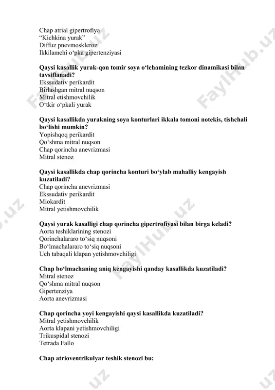 yoyi kengayishi qaysi kasallikda kuzatiladi? mitral yetishmovchilik aorta klapani yetishmovchiligi trikuspidal stenozi tetrada fallo chap atrioventrikulyar teshik stenozi bu: mitral stenoz qorinchalararo to‘siq nuqsoni birlashgan mitral nuqson bo‘lmachalararo to‘sik nuqsoni qorin aortasining torayishi va kollaterallarning holatini aniqlashning eng optimalusuli qaysi? aortografiya sonografiya kompyuter tomografiyasi tomografiya qaysi usul perikardial o‘smalarni aniqlashga yordam beradi? pnevmoperikardiografiya flyuorografiya radiografiya kardiografiya qaysi usul yurak ichi o‘smalarini aniqlashga yordam beradi? angiokardiografiya flyuorografiya rentgenoskopiya tomografiya ko‘krak aortasini o‘rganish uchun eng maqbul vaziyat: chap old qiya chap yonbosh to’g’ri vaziyat o‘ng old qiya o‘ng qorinchani o‘rganish uchun eng maqbul vaziyat: chap tomon chap old qiya o‘ng qiya to’g’ri vaziyat qaysi proyeksiya o‘ng bo‘lmachani o‘rganish uchun maqbul: to‘g‘ri old vaziyat chap qiya chap yonbosh o’ng qiya normada to‘g‘ri proyeksiyada yurakning chap konturini yurakning qaysi qismi tashkil etadi? chap qorincha yuqori kovak vena o‘ng qorincha chap bo‘lmacha normada to‘g‘ri proyeksiyada yurakning o‘ng konturini yurakning qaysi qismi tashkil etadi? o‘ng bo‘lmacha …