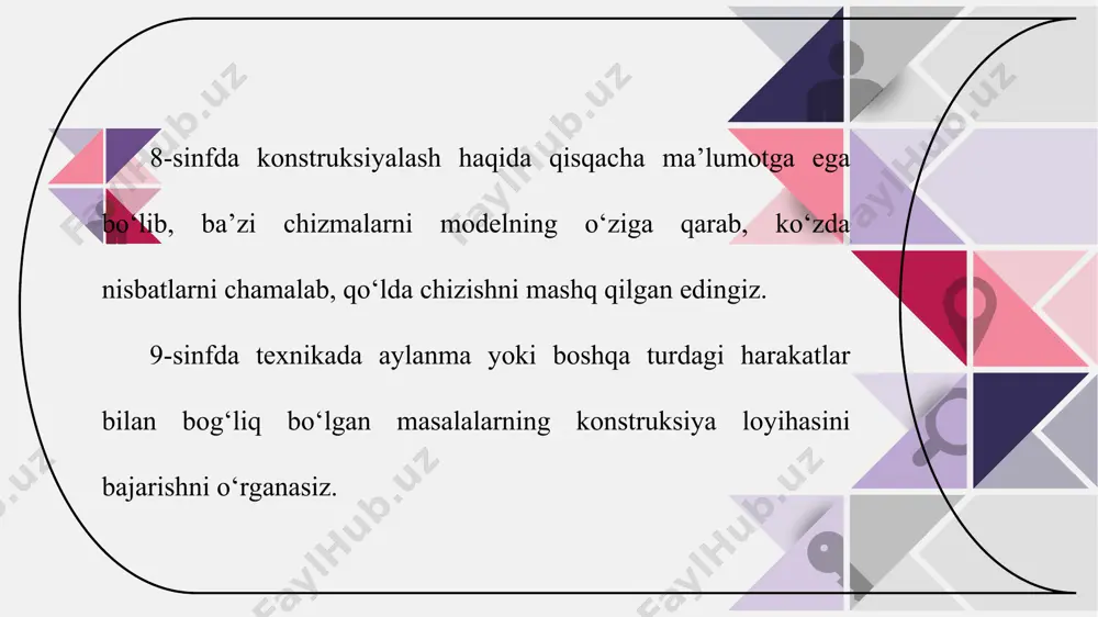 dagi aylanma harakatga o‘tkazishda qo‘llaniladigan miqdor. modul g‘ildirakning bo‘luvchi (boshlang‘ich) aylanasi diametri (d) ning tishlar soni (z) nisbatiga teng – m = d/z. modul m, tishlar soni z tishli ilashmalarni aniqlovchi asosiy qiymat hisoblanib, u mm larda beriladi, masalan, m=5 mm. bu yerda eng kichik tishli g‘ildirak yetaklovchi hisoblanadi va u shesternya (kichik g‘ildirak) deb ataladi. vallar nuqtalar ko‘rinishida tasvirlangan. bu sxemalardagi silindrik va konussimon g‘ildiraklar o‘zaro zich ishqalanish natijasida aylanma harakatga o‘tishadi. agar ularni tishli g‘ildiraklarga almashtirilsa, haqiqiy tishli uzatmalar chizmasini hosil qilish mumkin. b. turli harakatlarning konstruksiyasini loyihalash texnikada, ko‘pincha, murakkab masalalar aylanma harakat yordamida amalga oshiriladi. misol. val aylantirilganda detal b yuqoriga ko‘tarilib, o‘z vazni bilan pastga tushgandan keyin yana yuqoriga itarib chiqaradigan moslama konstruksiyalansin (27.5-chizma, a). bu yerda val uchi ovalsimon (ellipssimon) qilib loyihalansa, val aylanganda detal b yuqoriga va pastga vaqti-vaqti bilan chiqib-tushib turadi (27.5-chizma, b). qo‘zg‘almas valda g‘ildirak zazorsiz aylanma harakat qilsa, val bo‘yni …